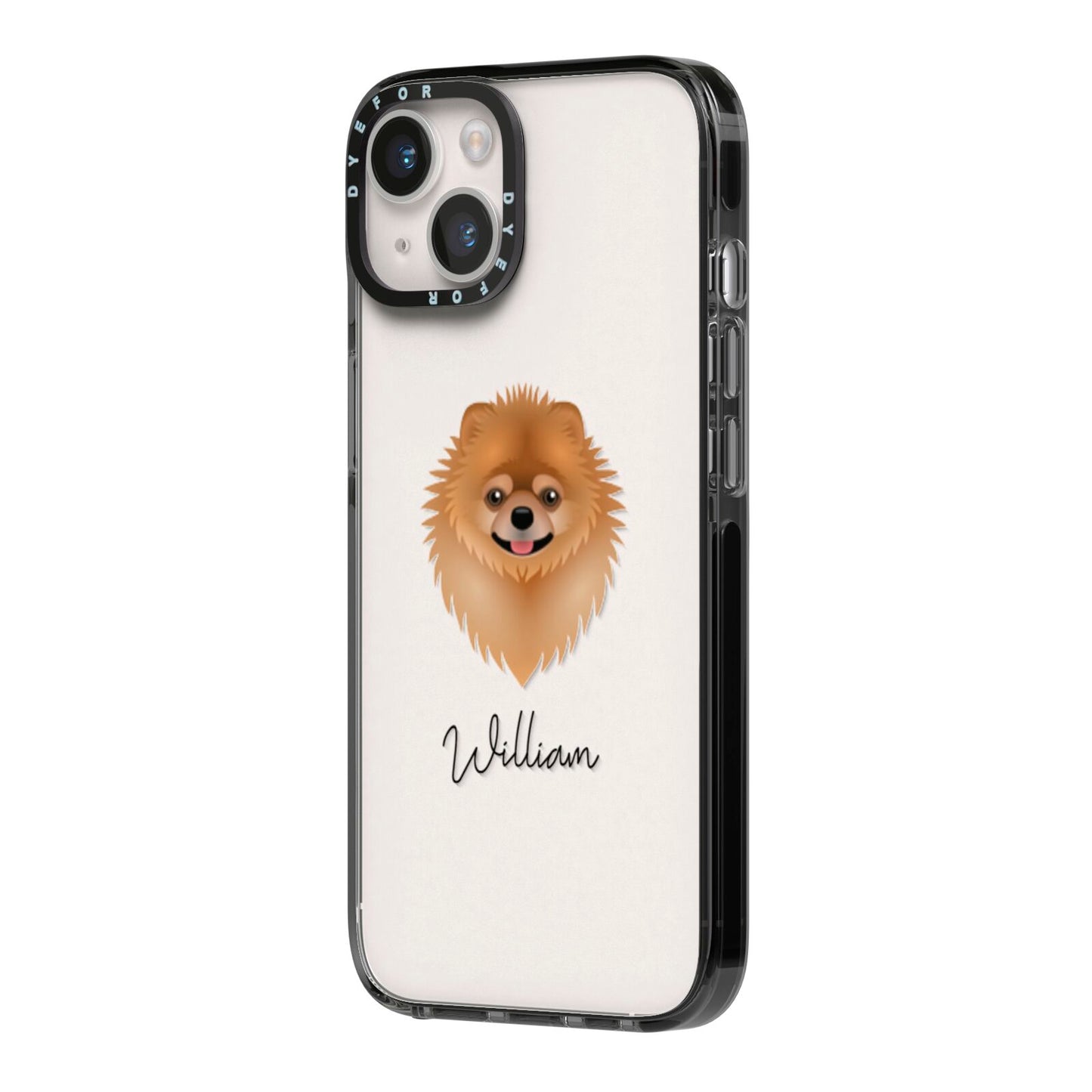 Pomeranian Personalised iPhone 14 Black Impact Case Side Angle on Silver phone