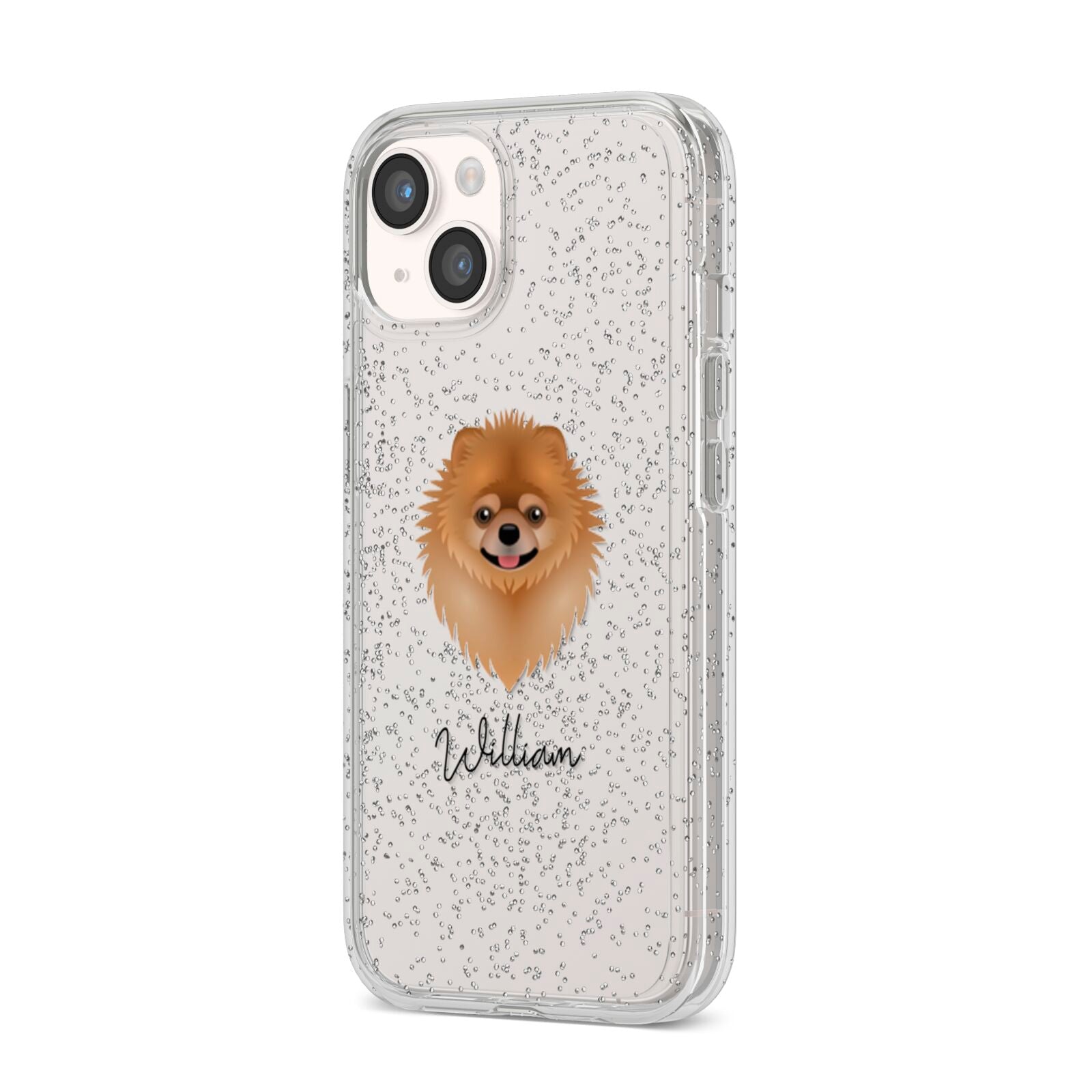 Pomeranian Personalised iPhone 14 Glitter Tough Case Starlight Angled Image