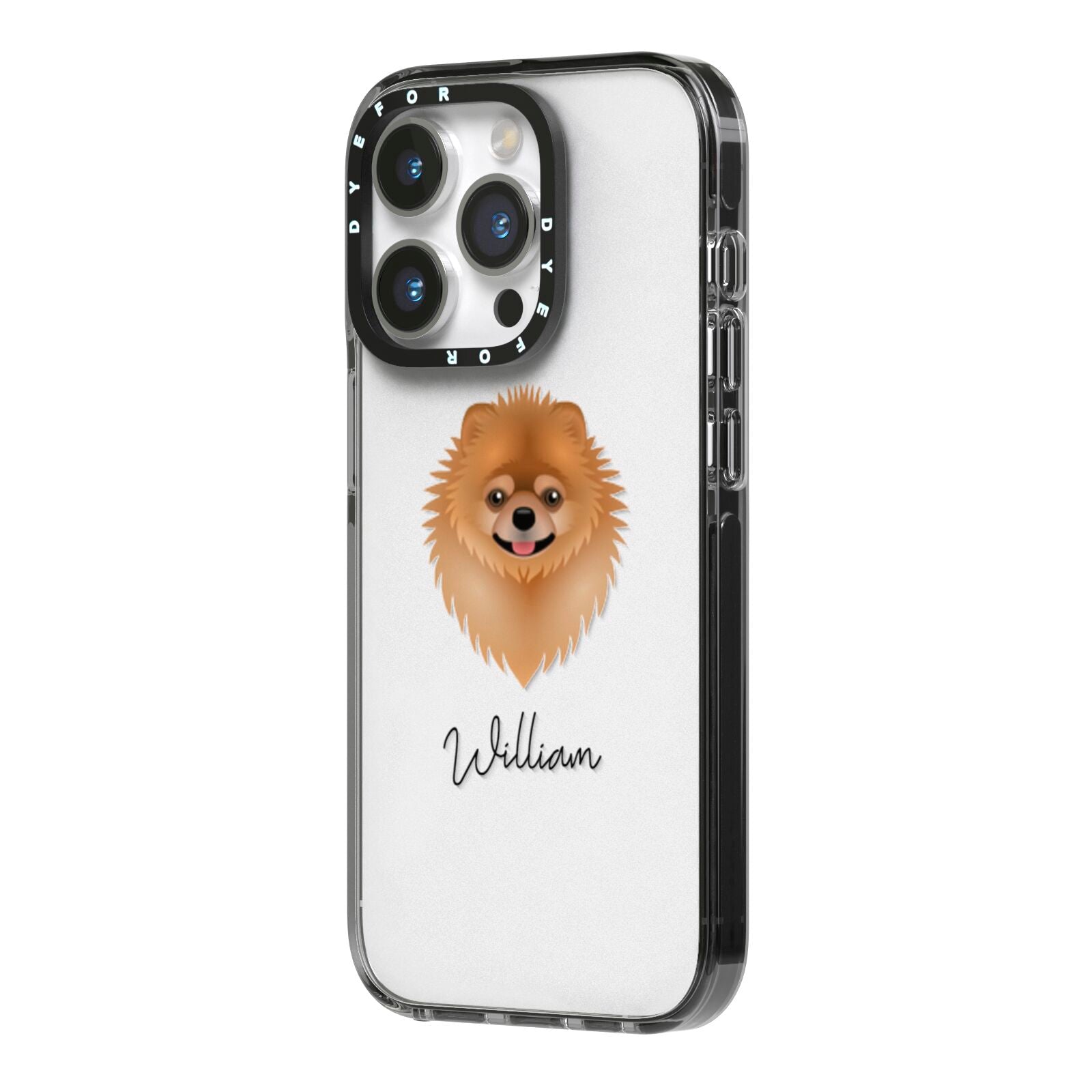 Pomeranian Personalised iPhone 14 Pro Black Impact Case Side Angle on Silver phone