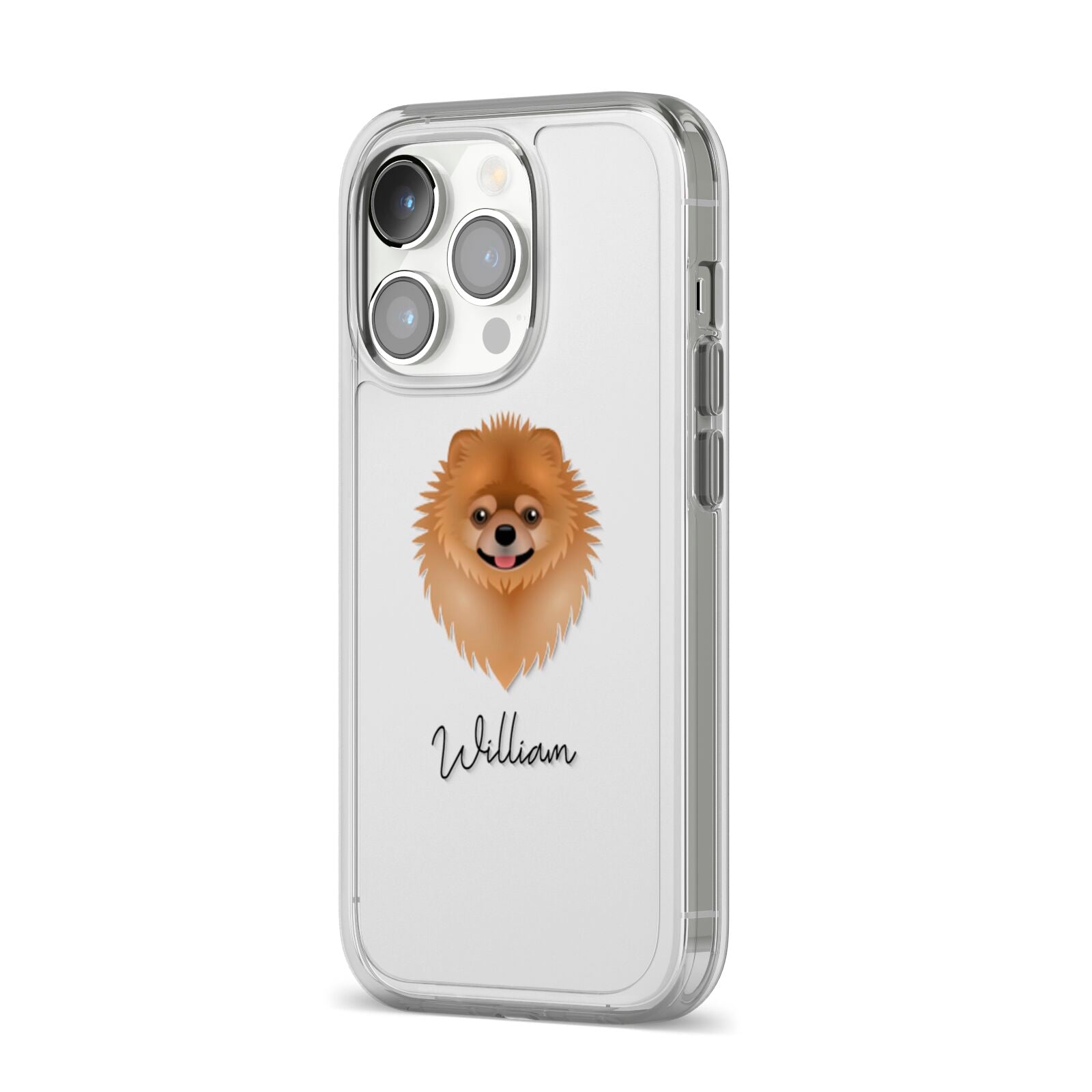 Pomeranian Personalised iPhone 14 Pro Clear Tough Case Silver Angled Image