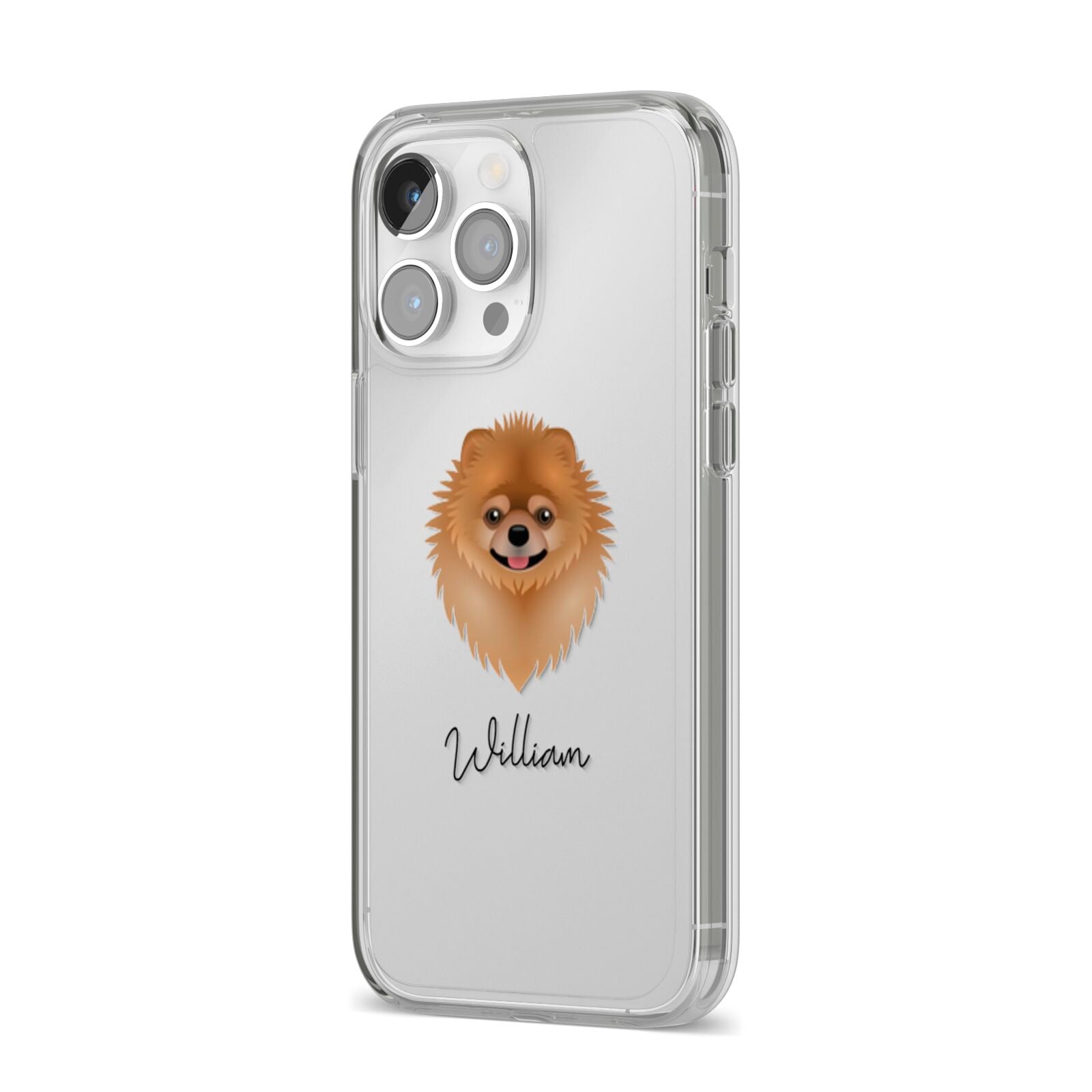 Pomeranian Personalised iPhone 14 Pro Max Clear Tough Case Silver Angled Image