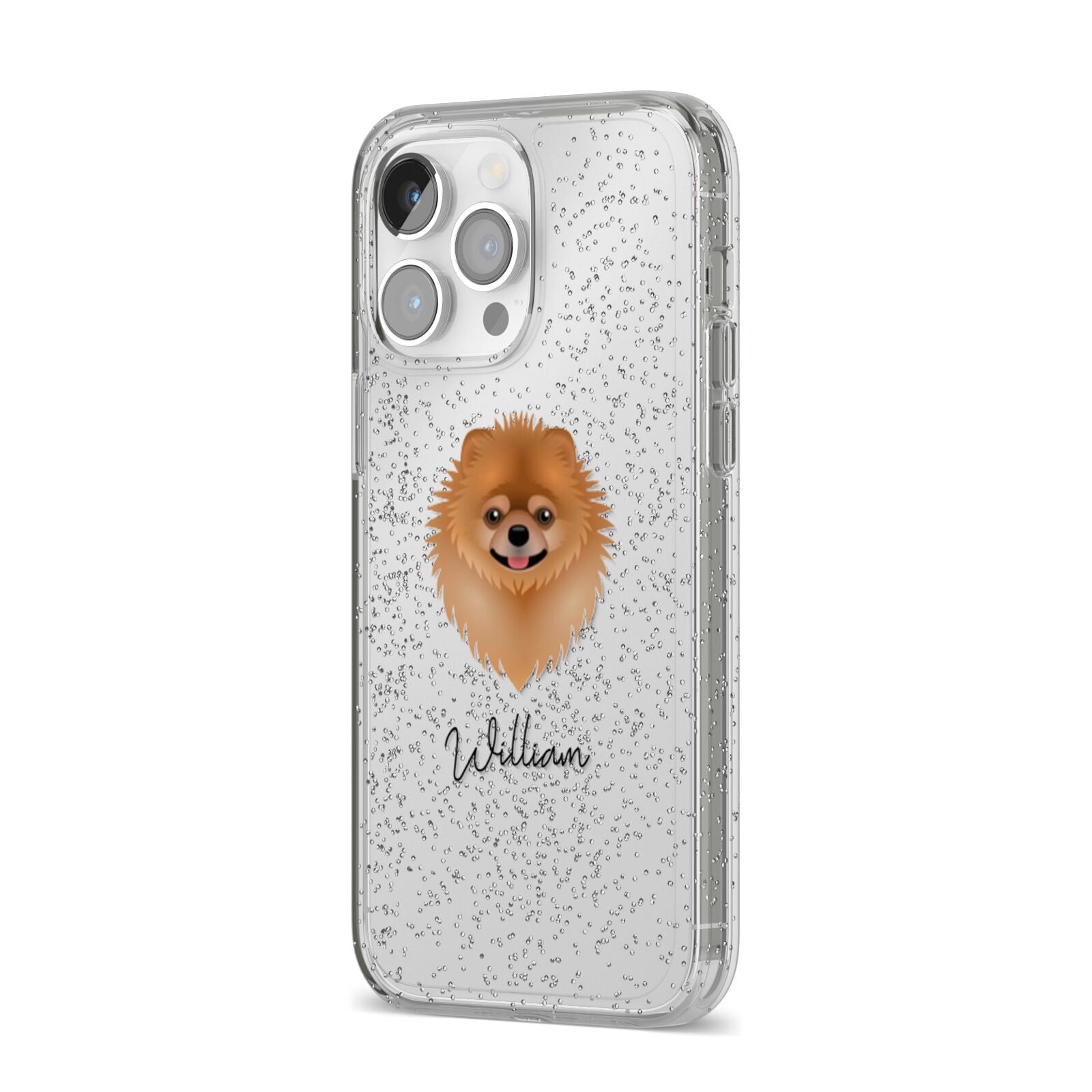 Pomeranian Personalised iPhone 14 Pro Max Glitter Tough Case Silver Angled Image