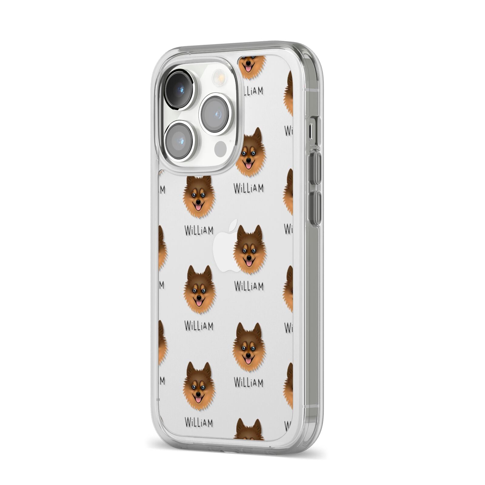 Pomsky Icon with Name iPhone 14 Pro Clear Tough Case Silver Angled Image