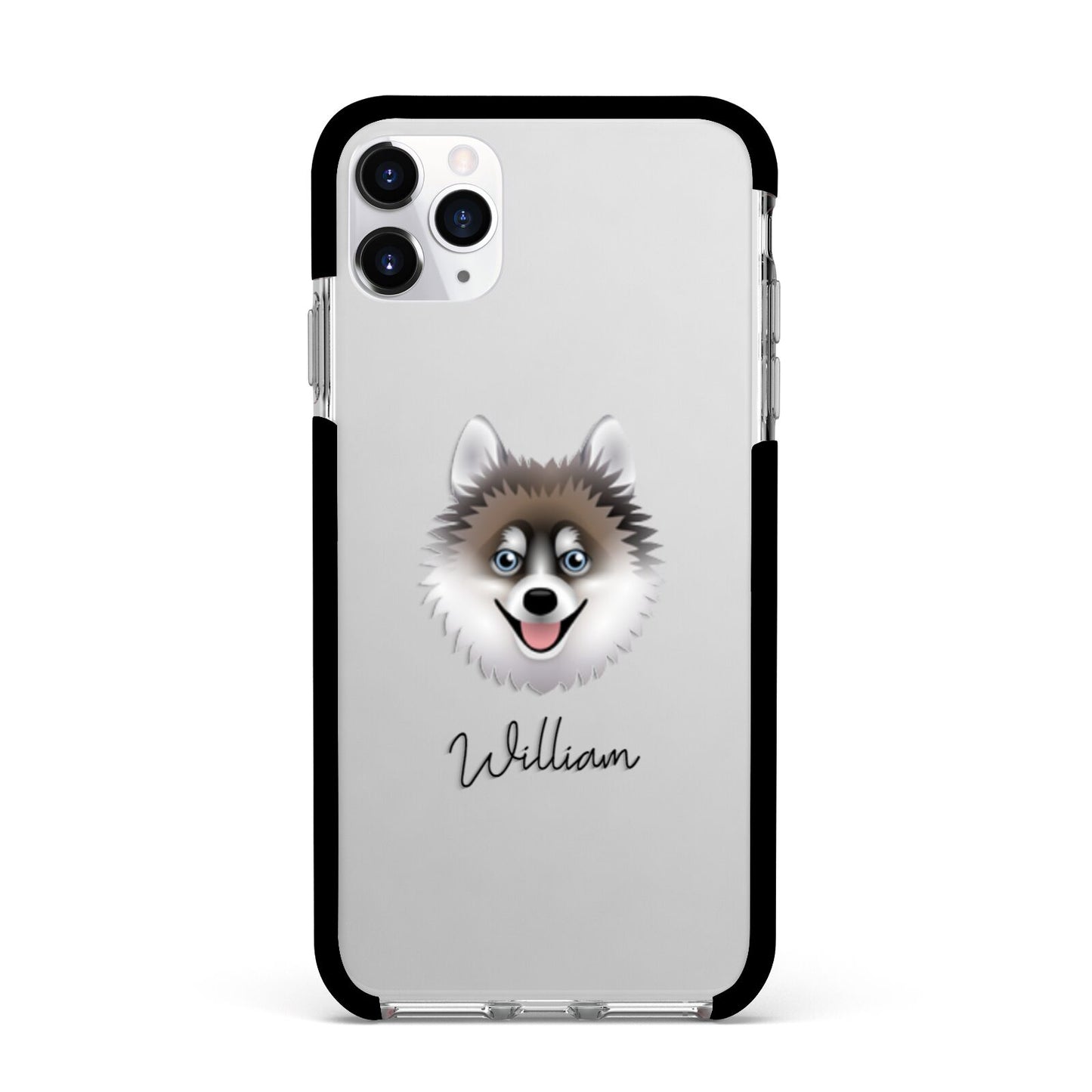Pomsky Personalised Apple iPhone 11 Pro Max in Silver with Black Impact Case