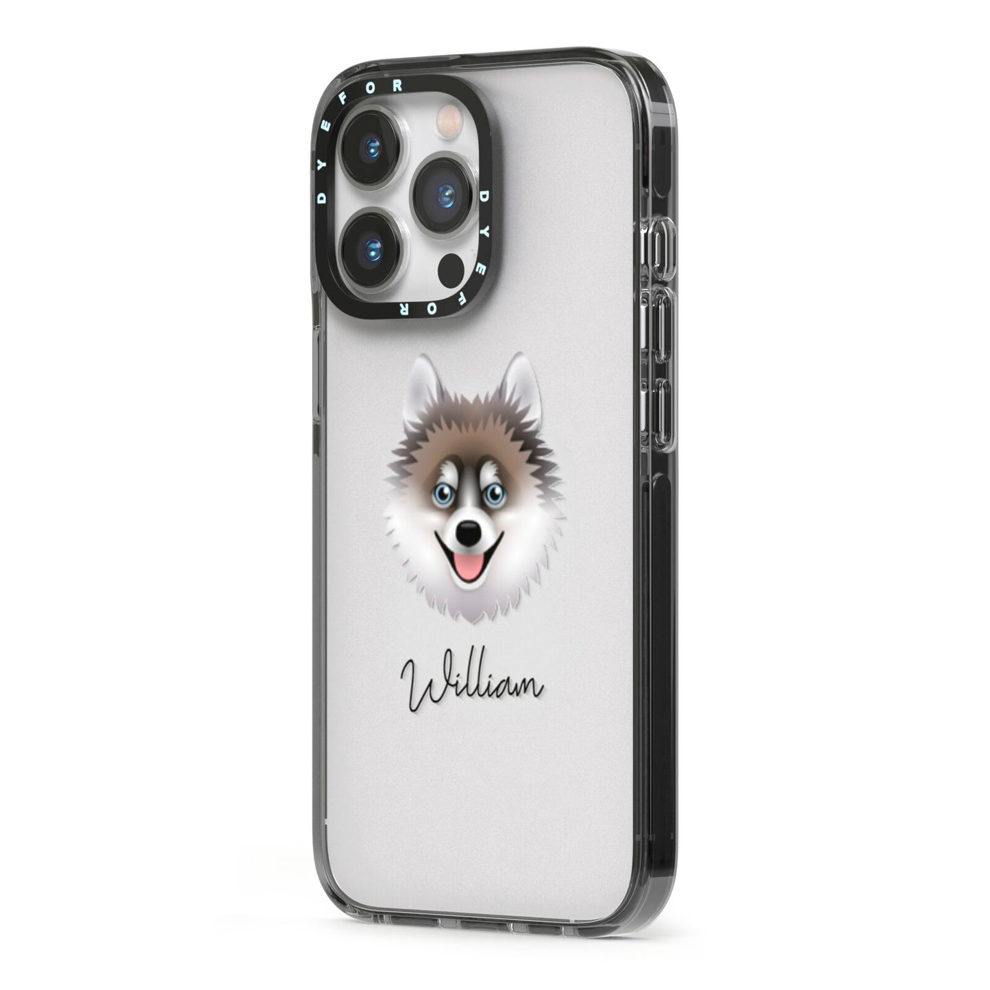 Pomsky Personalised iPhone 13 Pro Black Impact Case Side Angle on Silver phone