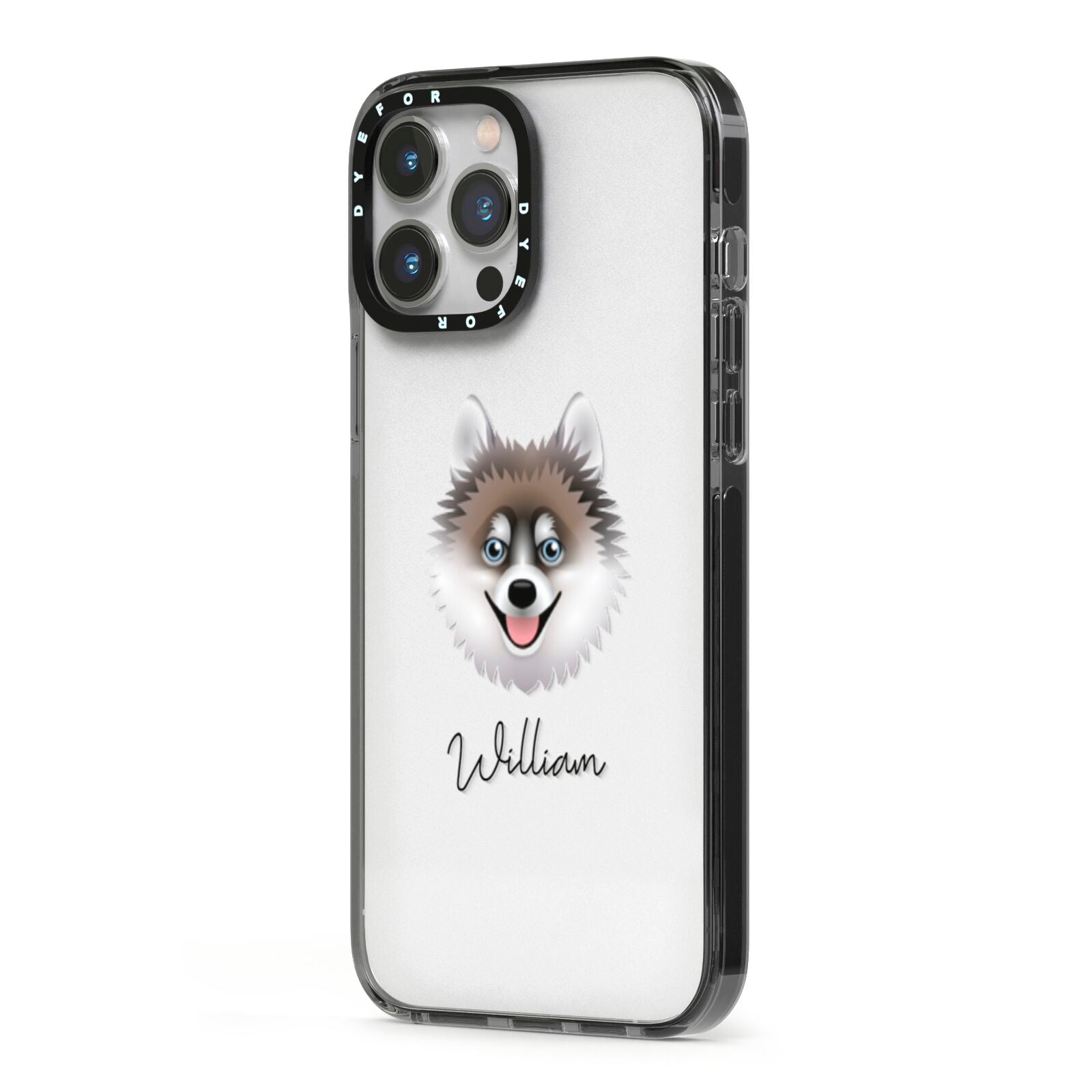 Pomsky Personalised iPhone 13 Pro Max Black Impact Case Side Angle on Silver phone