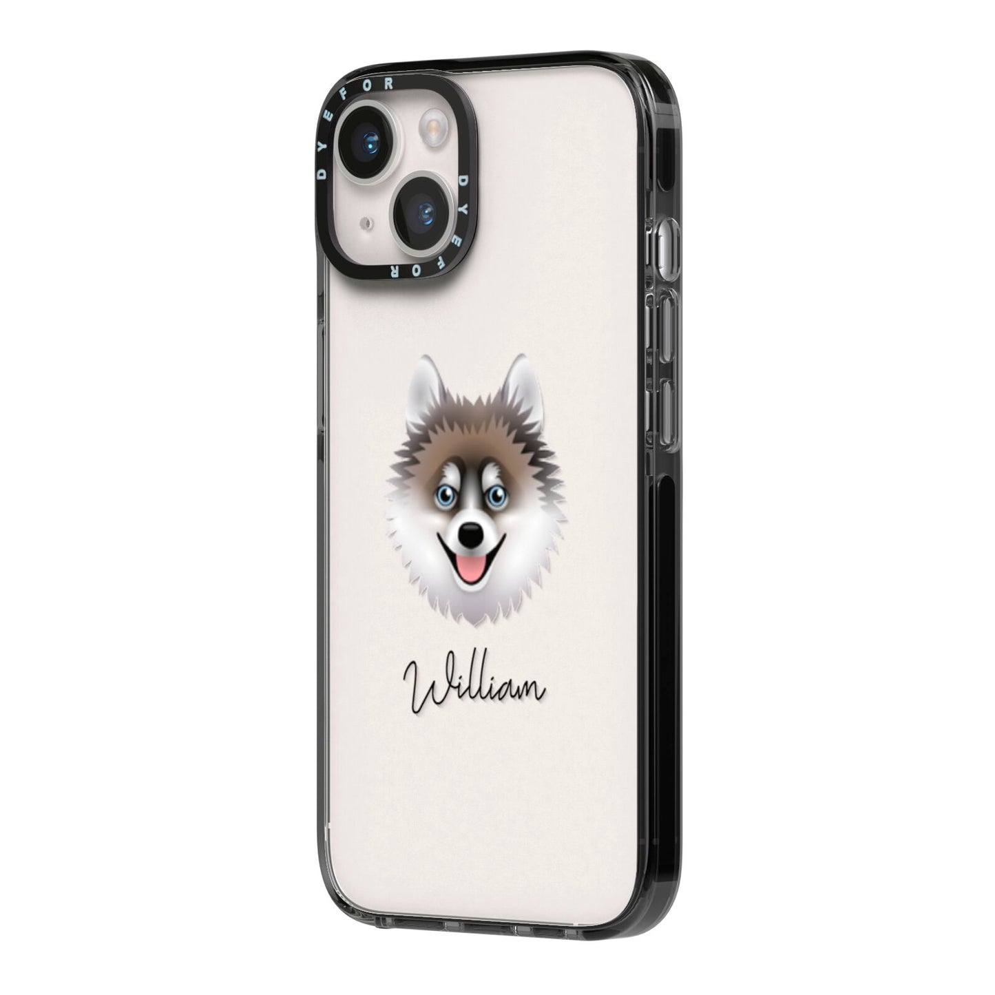 Pomsky Personalised iPhone 14 Black Impact Case Side Angle on Silver phone