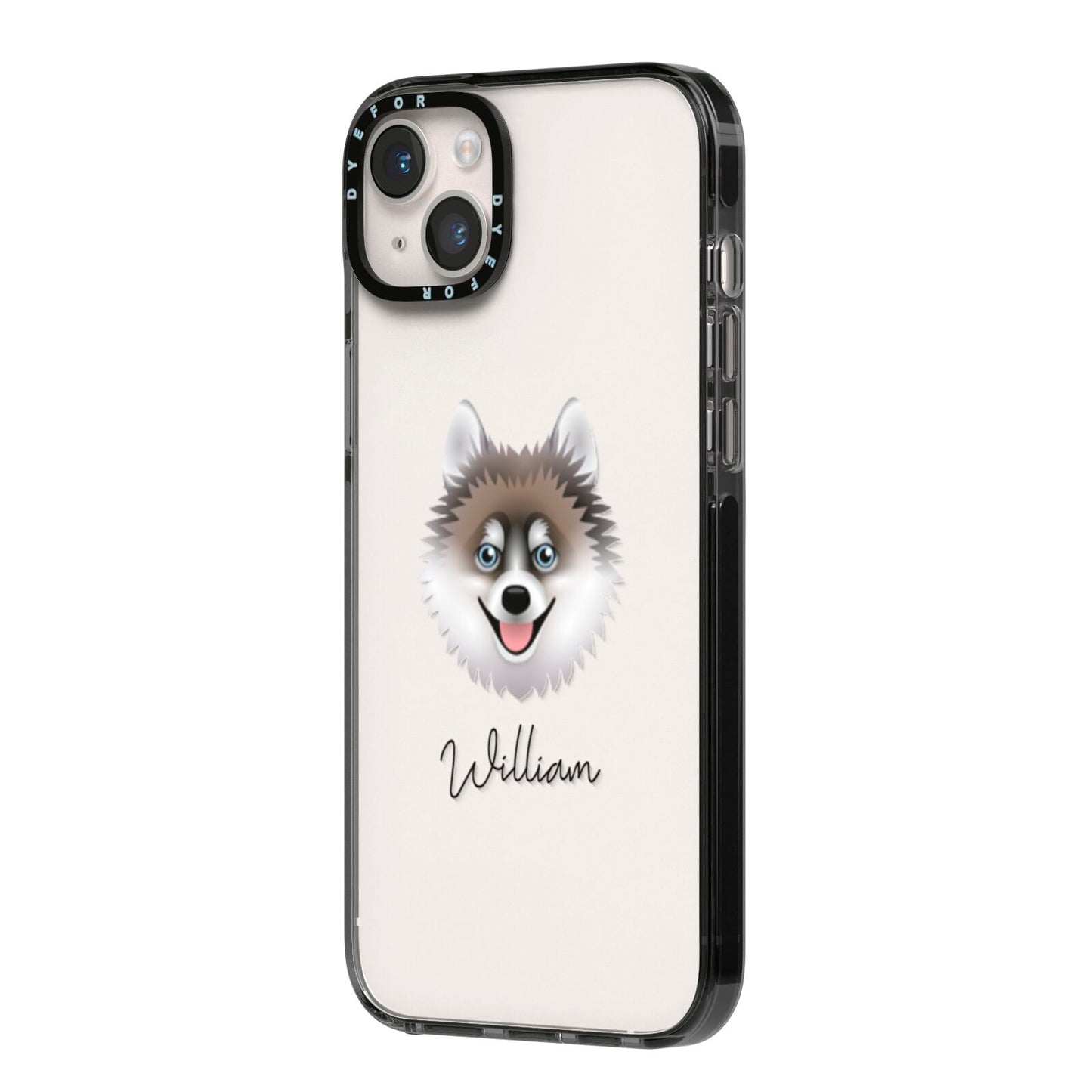 Pomsky Personalised iPhone 14 Plus Black Impact Case Side Angle on Silver phone
