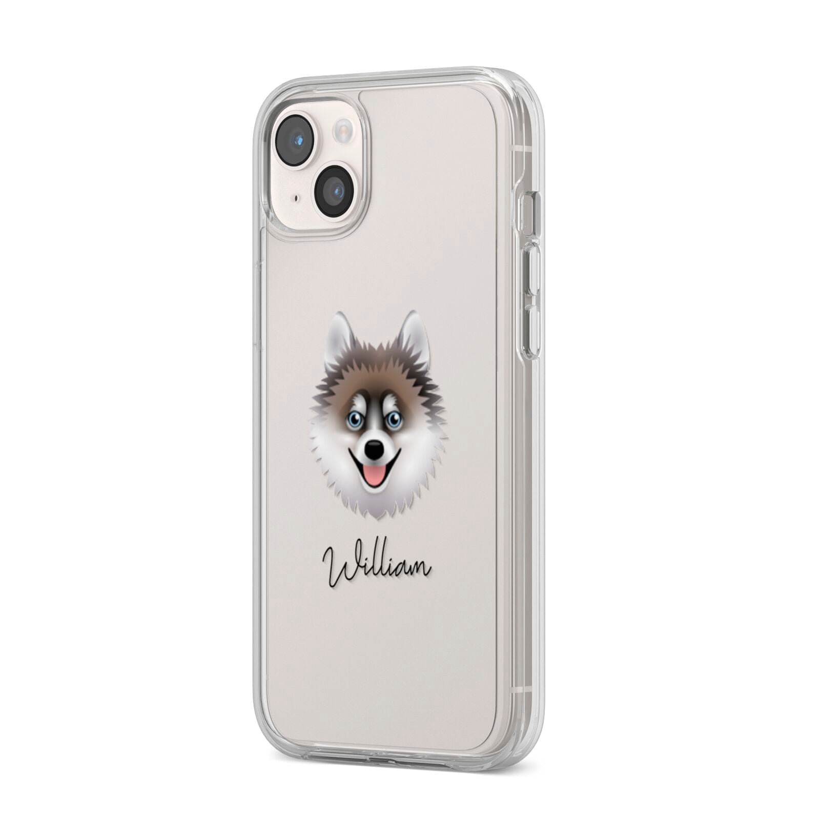 Pomsky Personalised iPhone 14 Plus Clear Tough Case Starlight Angled Image