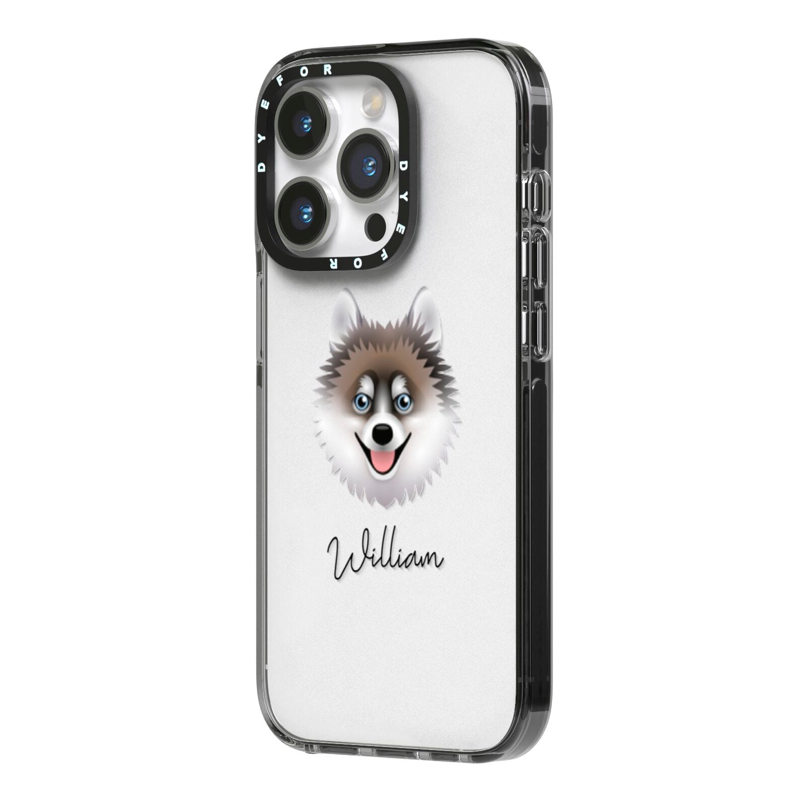 Pomsky Personalised iPhone 14 Pro Black Impact Case Side Angle on Silver phone