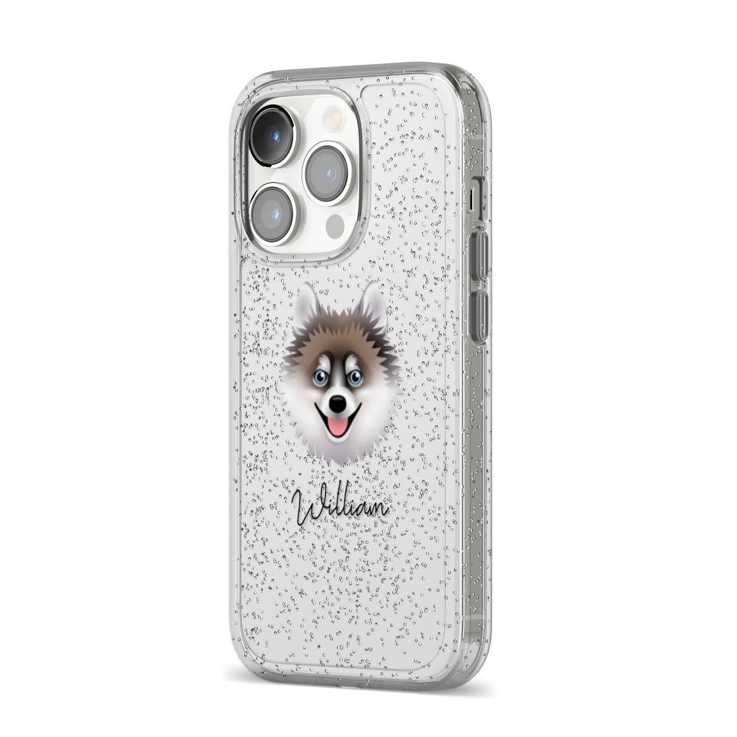 Pomsky Personalised iPhone 14 Pro Glitter Tough Case Silver Angled Image
