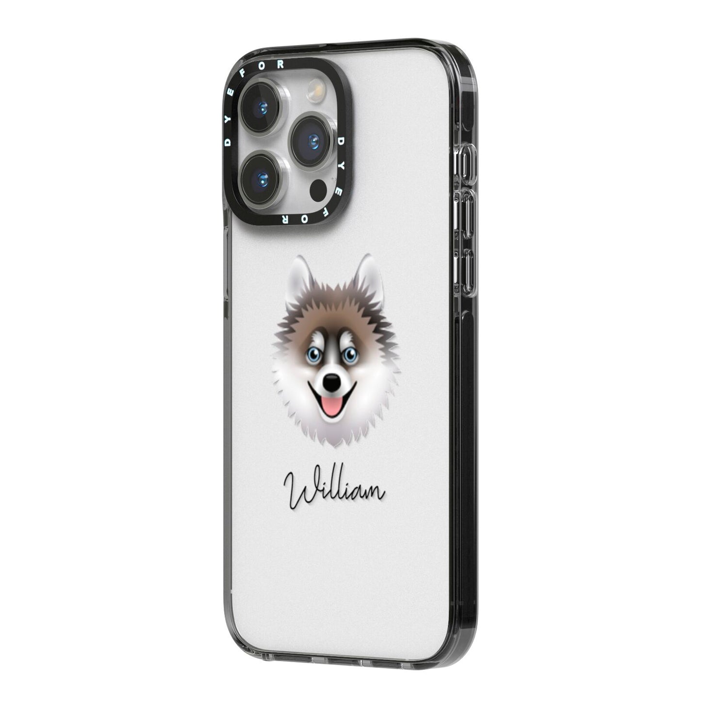 Pomsky Personalised iPhone 14 Pro Max Black Impact Case Side Angle on Silver phone