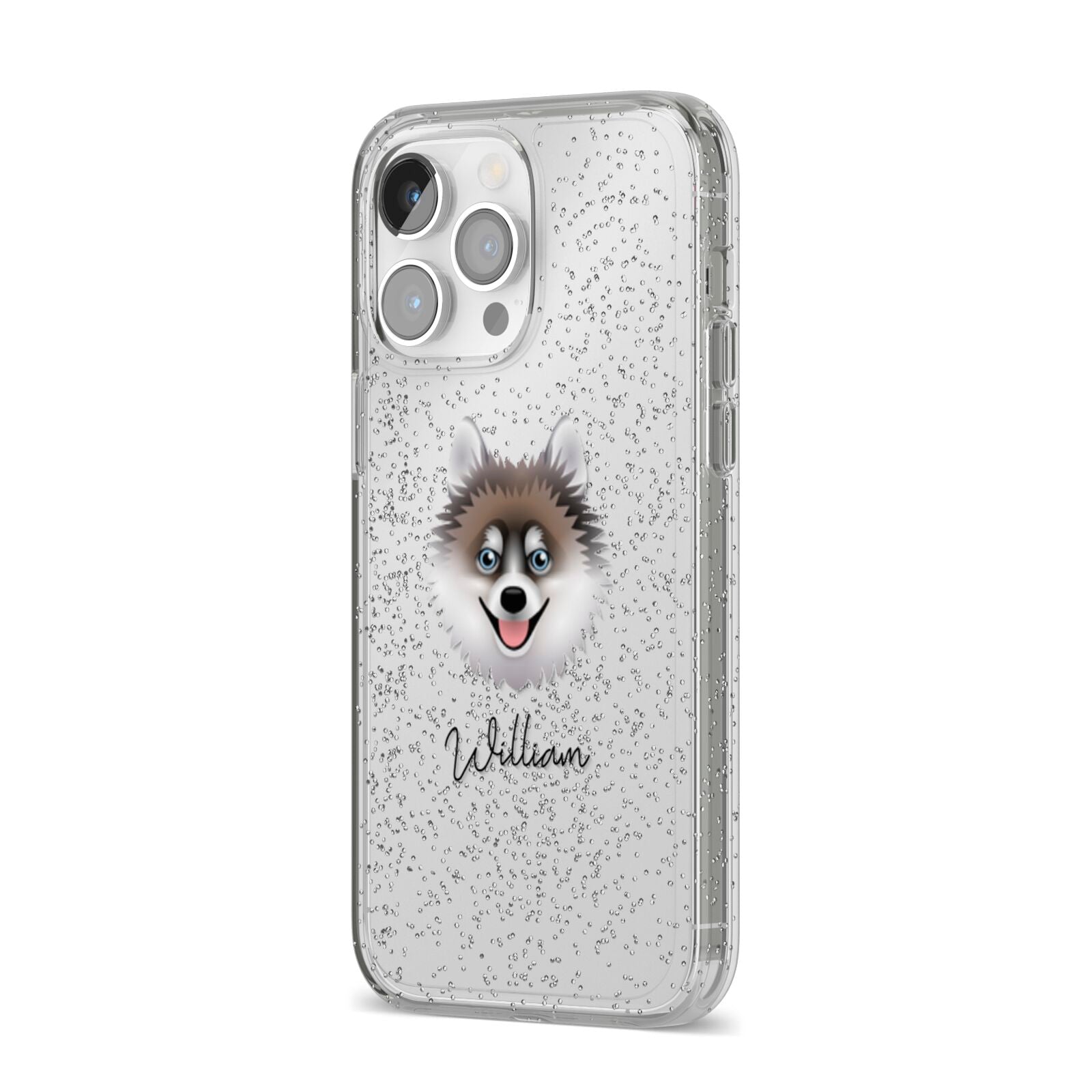 Pomsky Personalised iPhone 14 Pro Max Glitter Tough Case Silver Angled Image