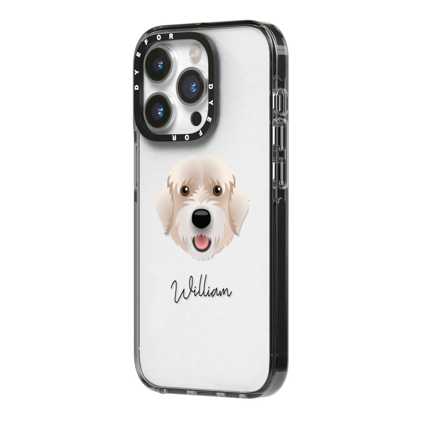 Portuguese Water Dog Personalised iPhone 14 Pro Black Impact Case Side Angle on Silver phone