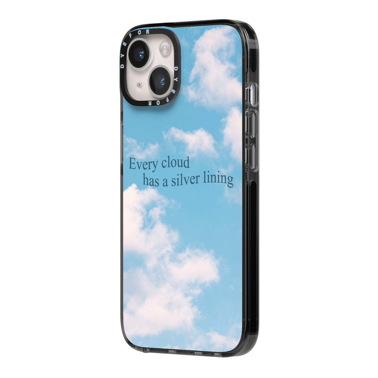 Positivity iPhone 14 Black Impact Case Side Angle on Silver phone