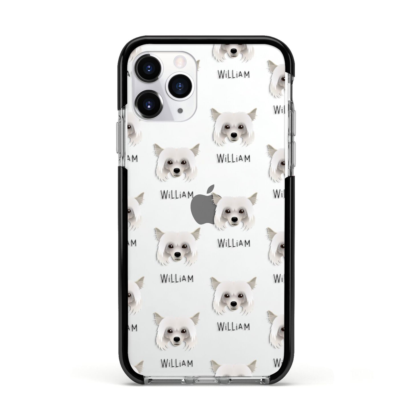 Powderpuff Chinese Crested Icon with Name Apple iPhone 11 Pro in Silver with Black Impact Case