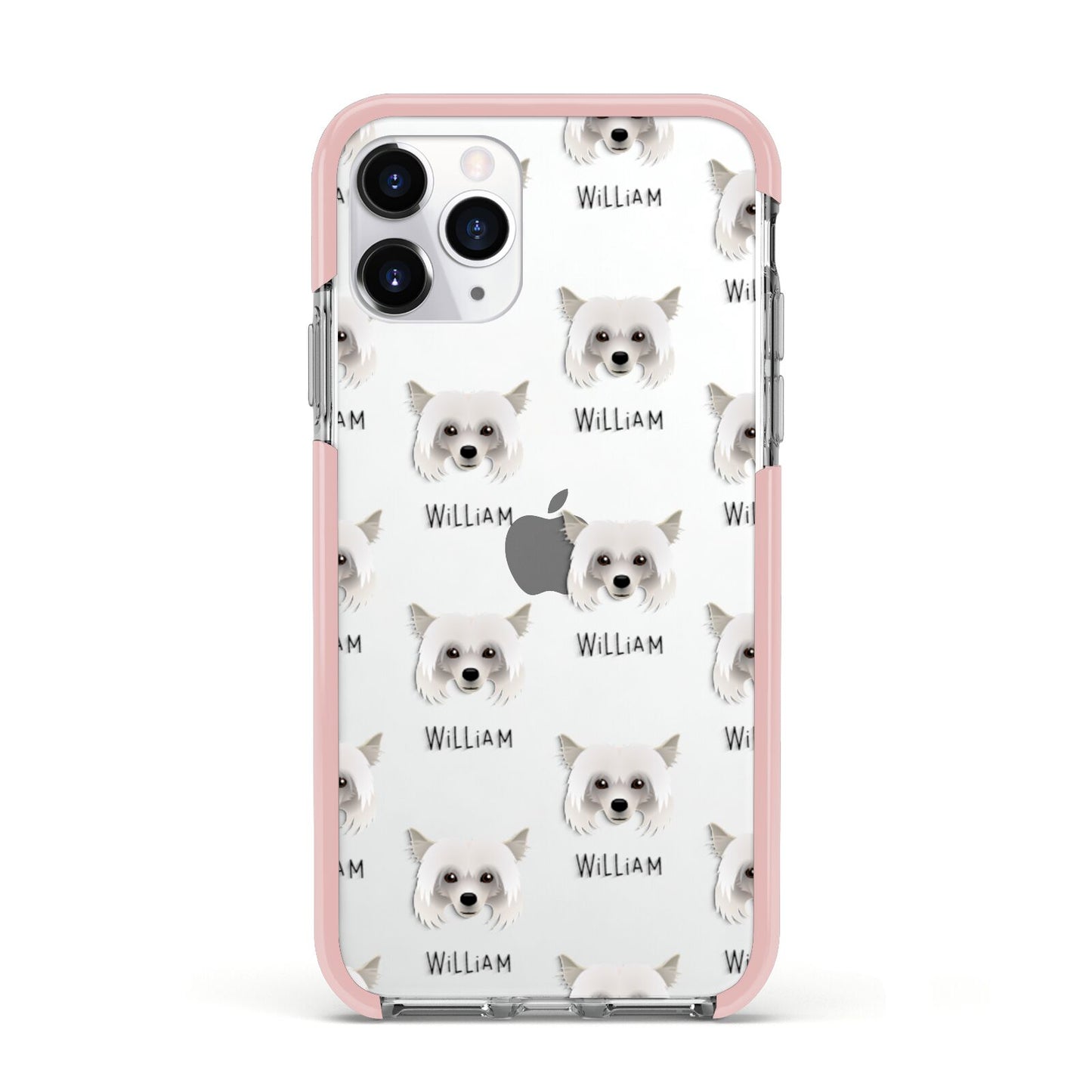Powderpuff Chinese Crested Icon with Name Apple iPhone 11 Pro in Silver with Pink Impact Case