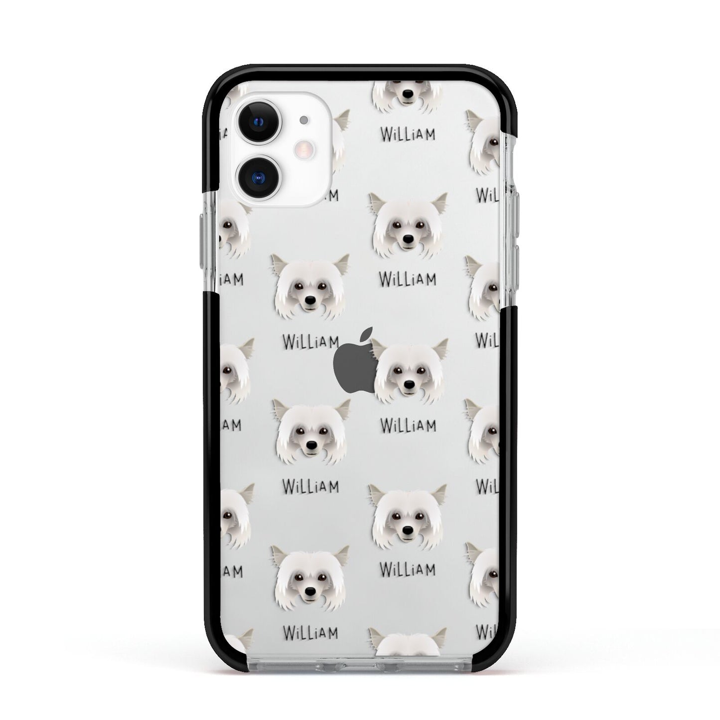 Powderpuff Chinese Crested Icon with Name Apple iPhone 11 in White with Black Impact Case