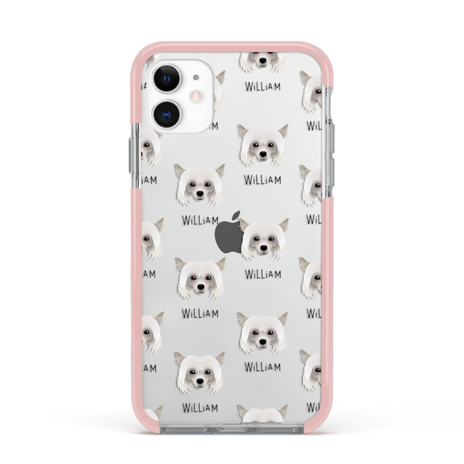 Powderpuff Chinese Crested Icon with Name Apple iPhone 11 in White with Pink Impact Case
