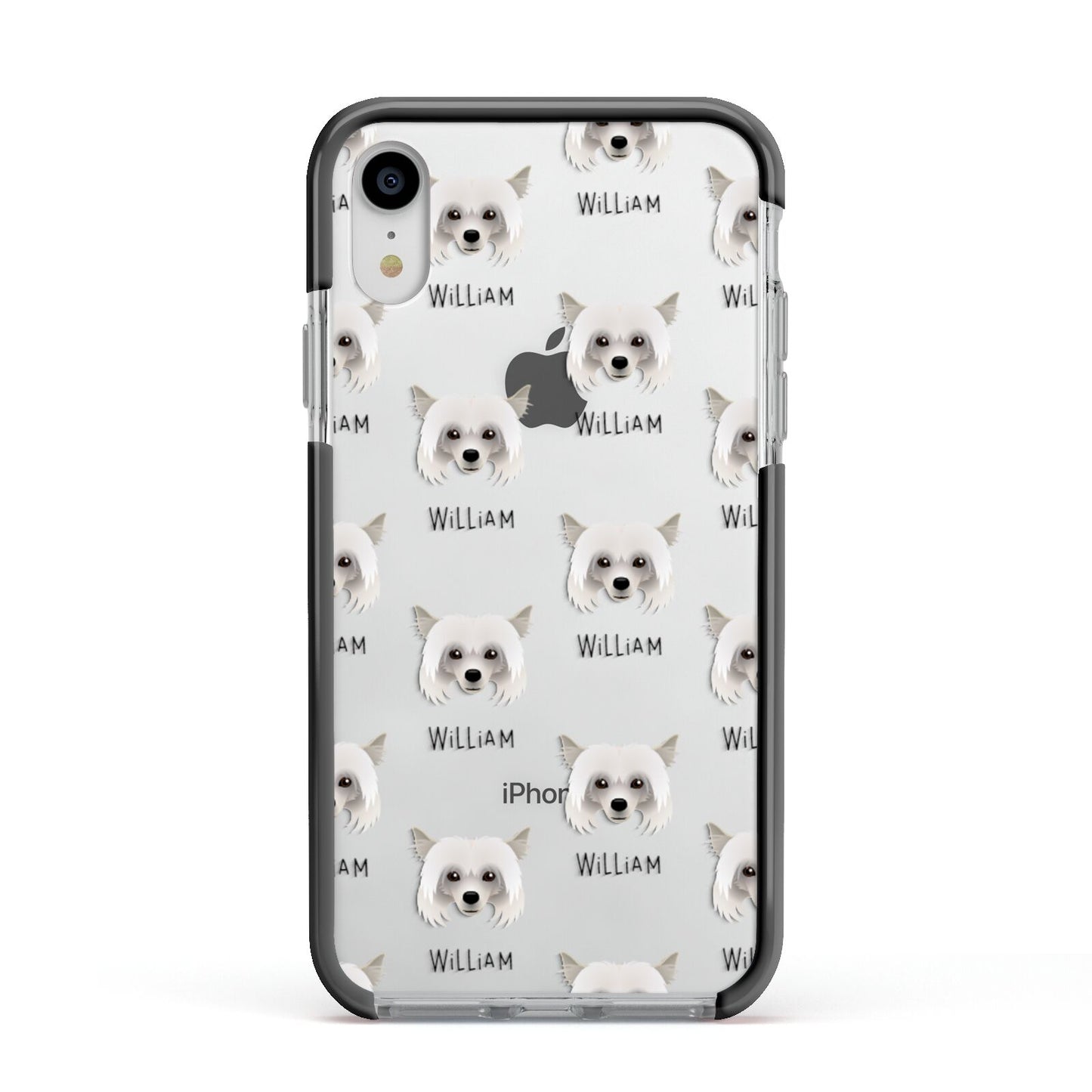 Powderpuff Chinese Crested Icon with Name Apple iPhone XR Impact Case Black Edge on Silver Phone