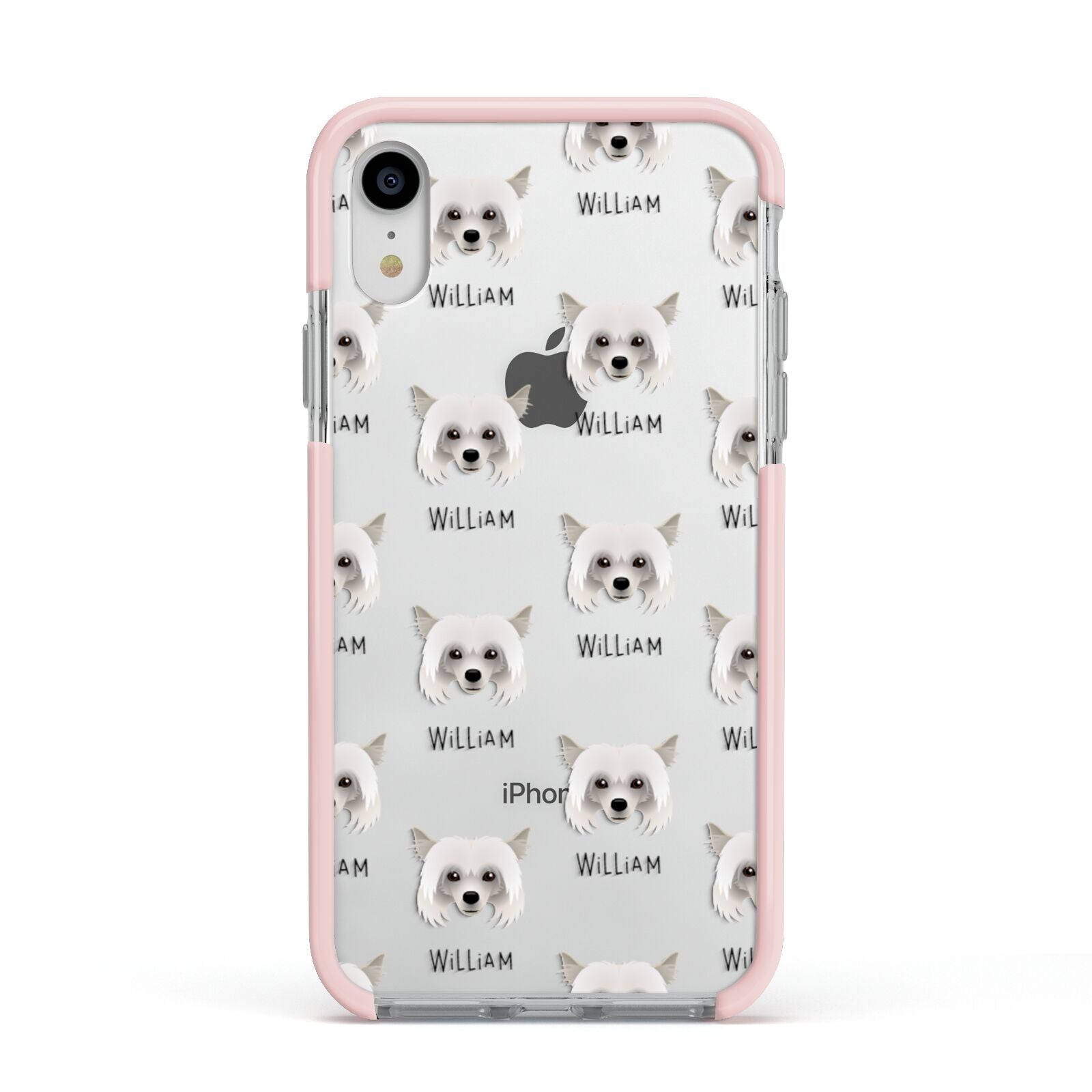 Powderpuff Chinese Crested Icon with Name Apple iPhone XR Impact Case Pink Edge on Silver Phone