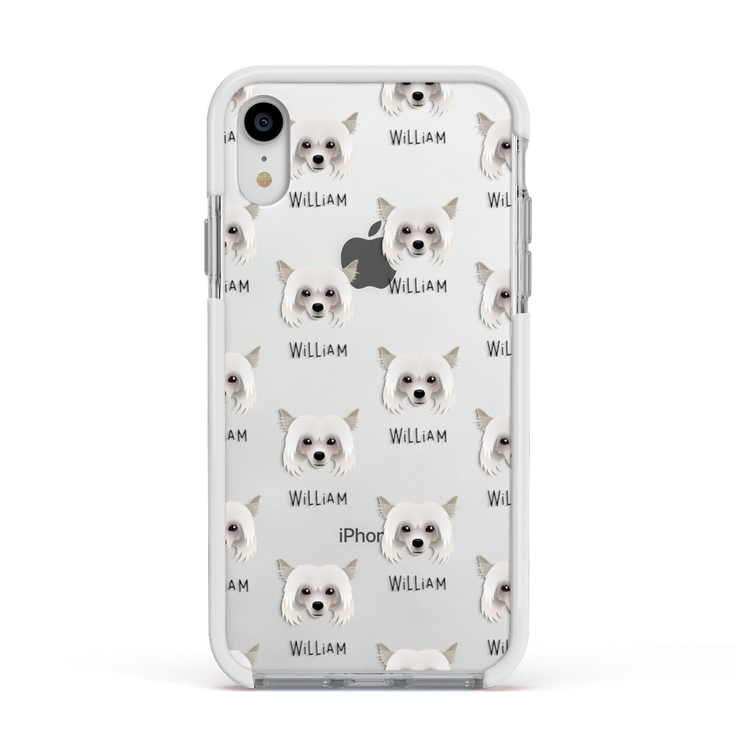 Powderpuff Chinese Crested Icon with Name Apple iPhone XR Impact Case White Edge on Silver Phone