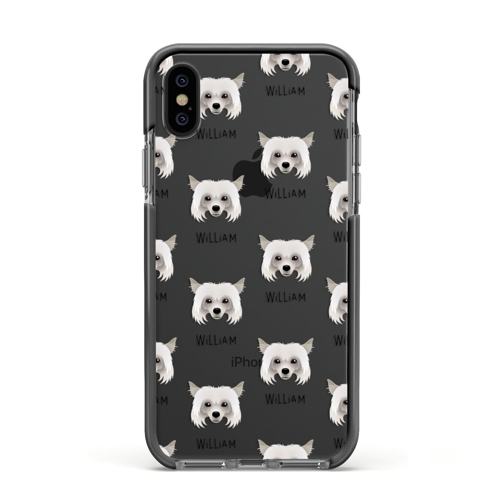 Powderpuff Chinese Crested Icon with Name Apple iPhone Xs Impact Case Black Edge on Black Phone