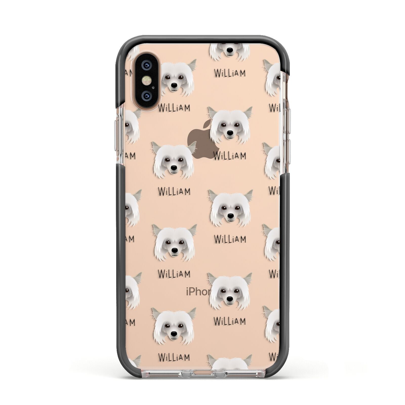 Powderpuff Chinese Crested Icon with Name Apple iPhone Xs Impact Case Black Edge on Gold Phone