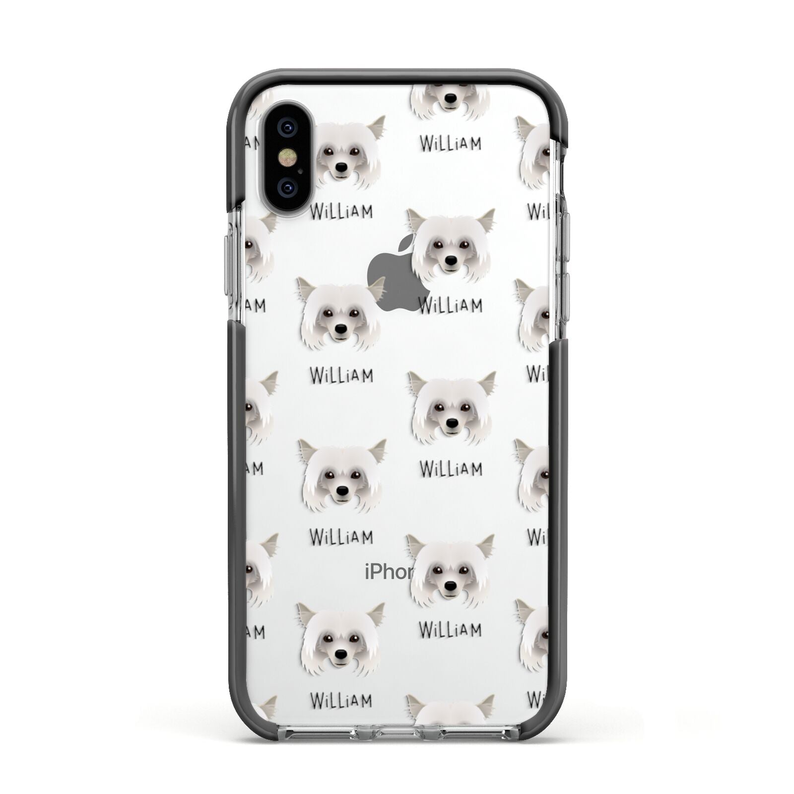 Powderpuff Chinese Crested Icon with Name Apple iPhone Xs Impact Case Black Edge on Silver Phone