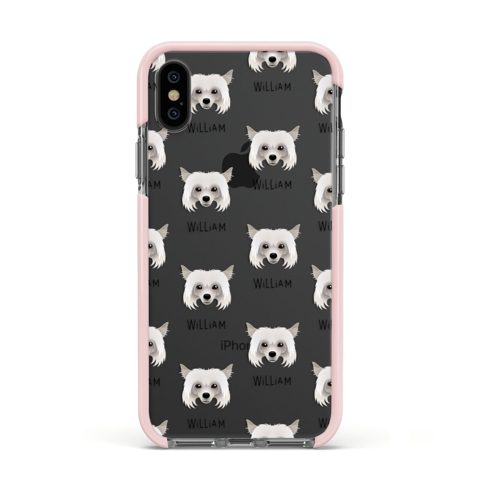 Powderpuff Chinese Crested Icon with Name Apple iPhone Xs Impact Case Pink Edge on Black Phone