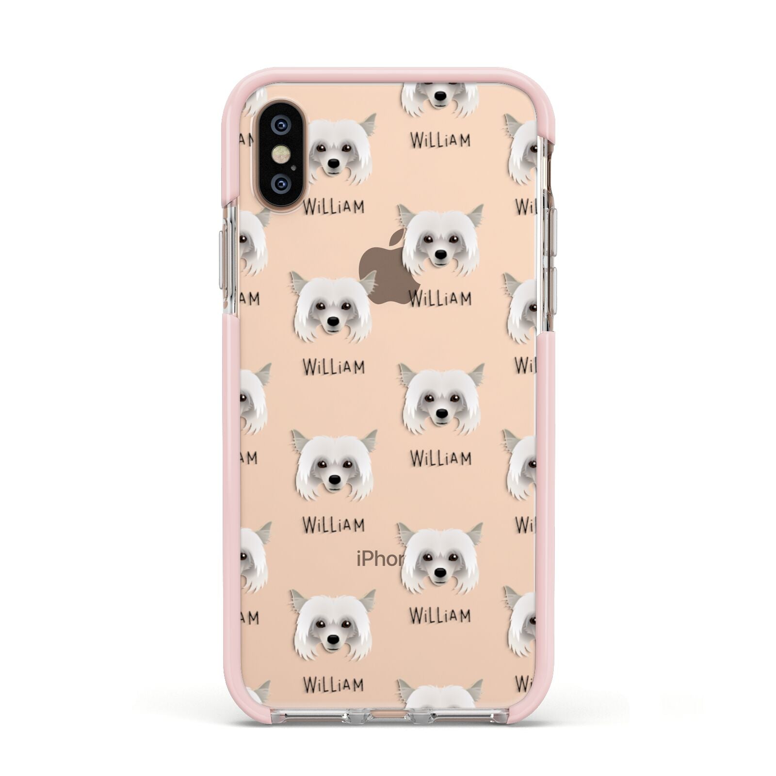 Powderpuff Chinese Crested Icon with Name Apple iPhone Xs Impact Case Pink Edge on Gold Phone