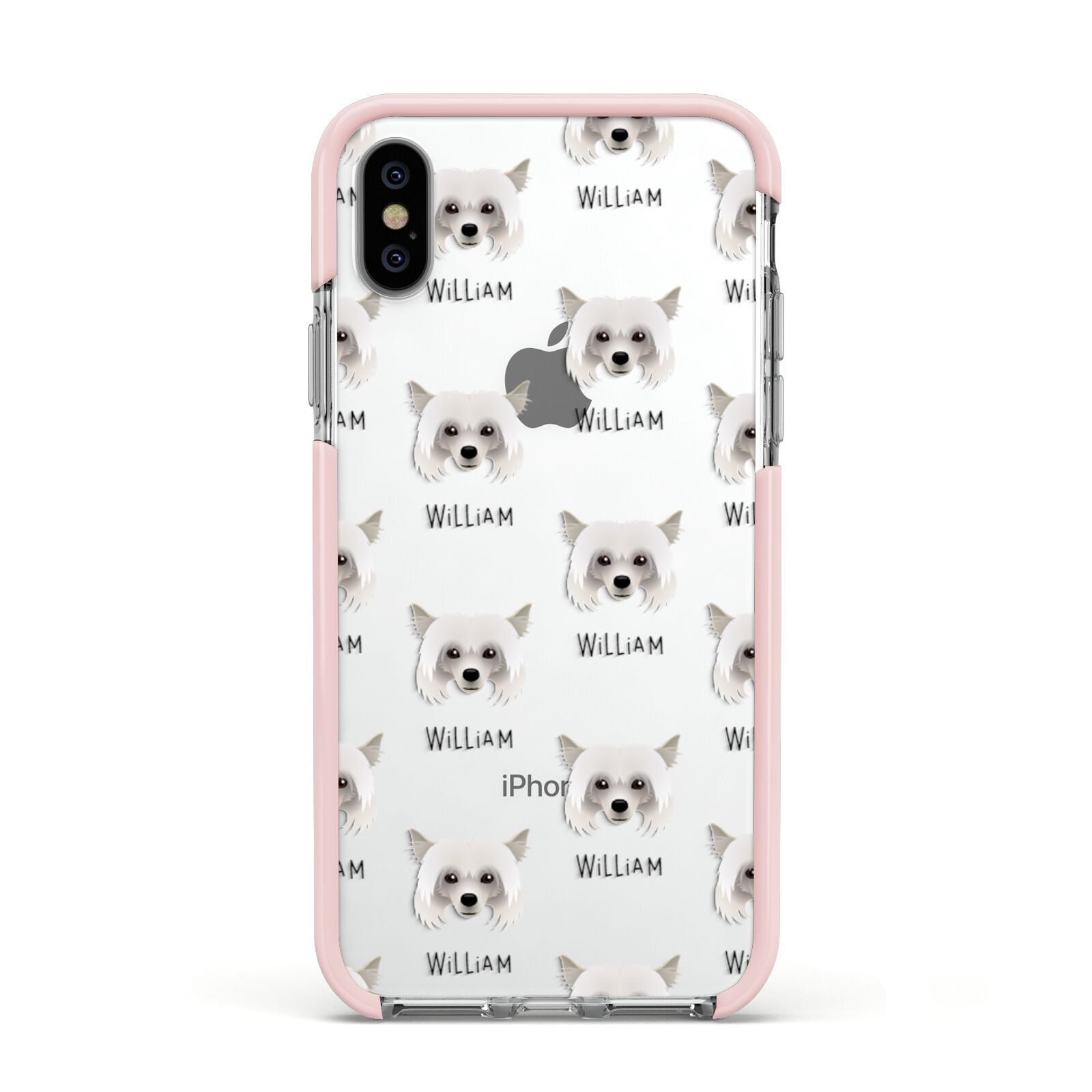 Powderpuff Chinese Crested Icon with Name Apple iPhone Xs Impact Case Pink Edge on Silver Phone