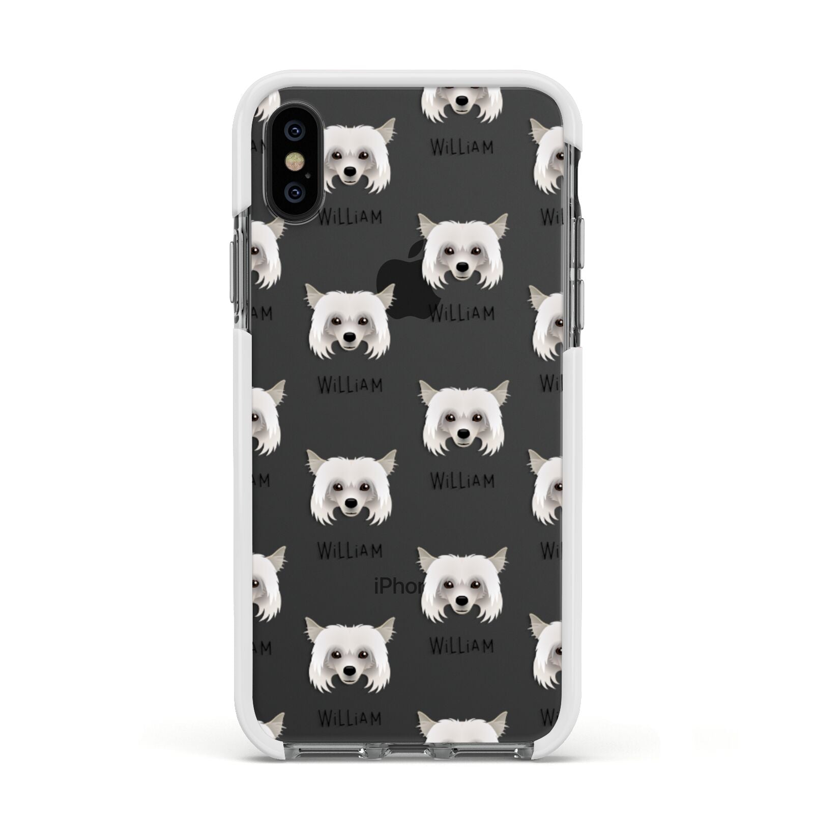Powderpuff Chinese Crested Icon with Name Apple iPhone Xs Impact Case White Edge on Black Phone