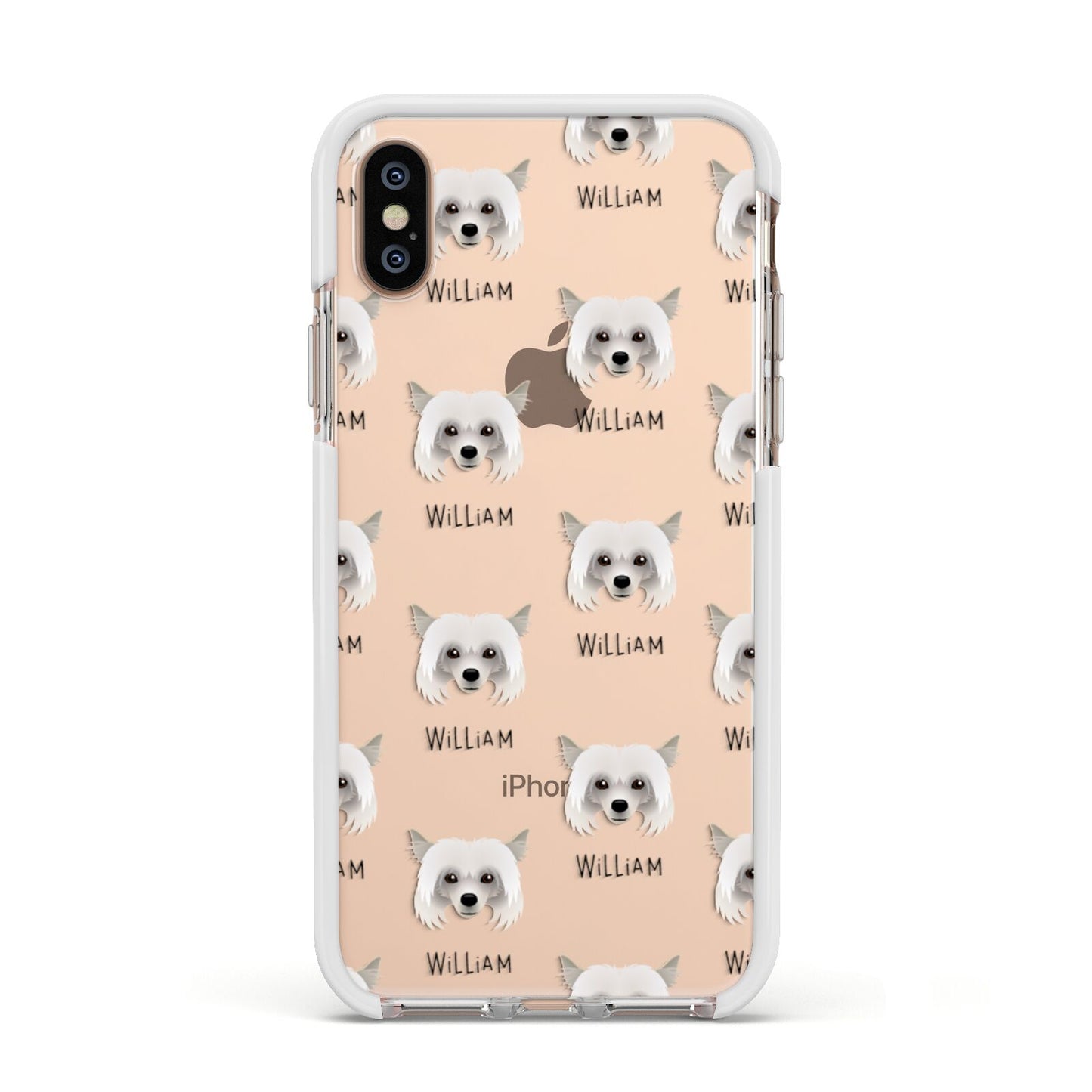 Powderpuff Chinese Crested Icon with Name Apple iPhone Xs Impact Case White Edge on Gold Phone