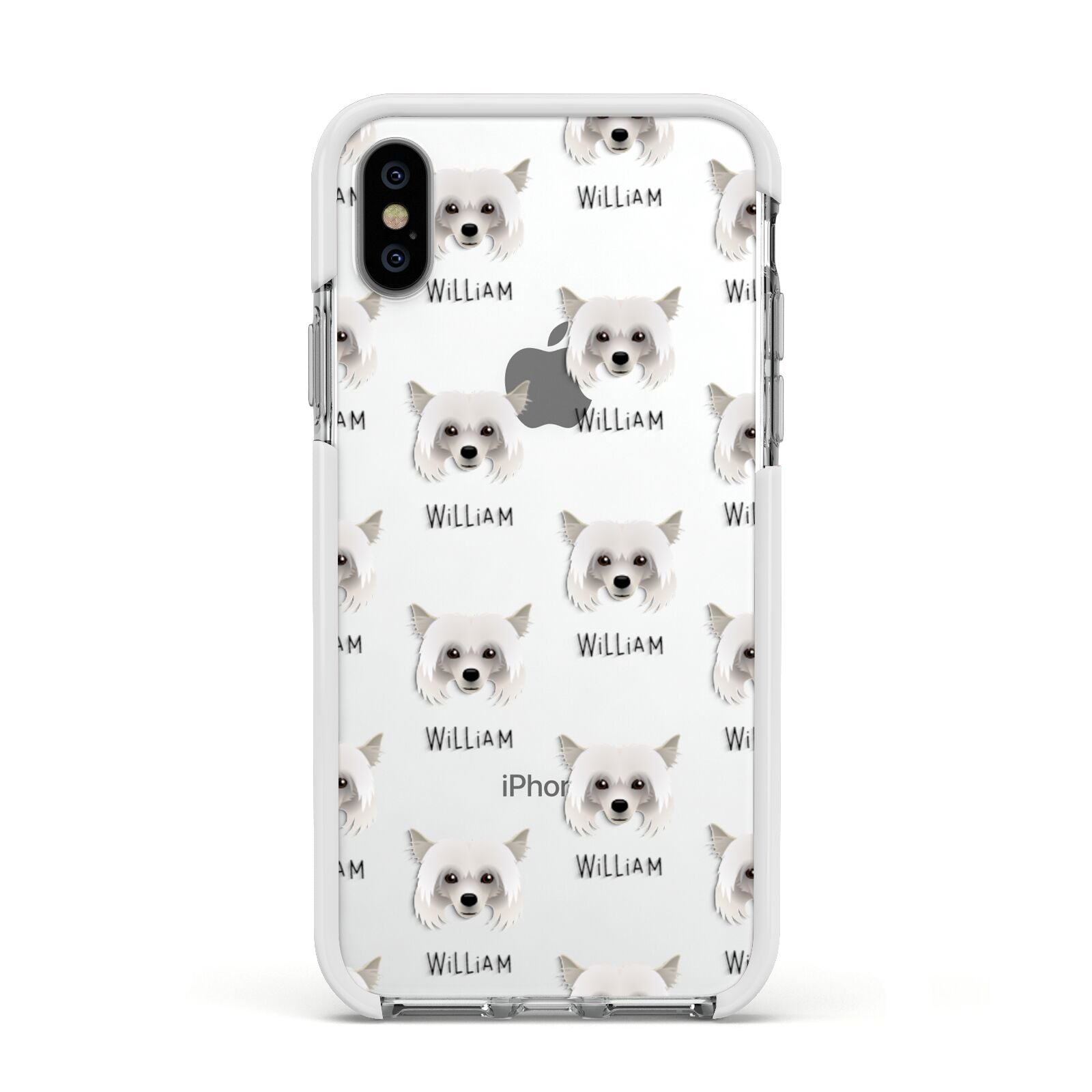 Powderpuff Chinese Crested Icon with Name Apple iPhone Xs Impact Case White Edge on Silver Phone