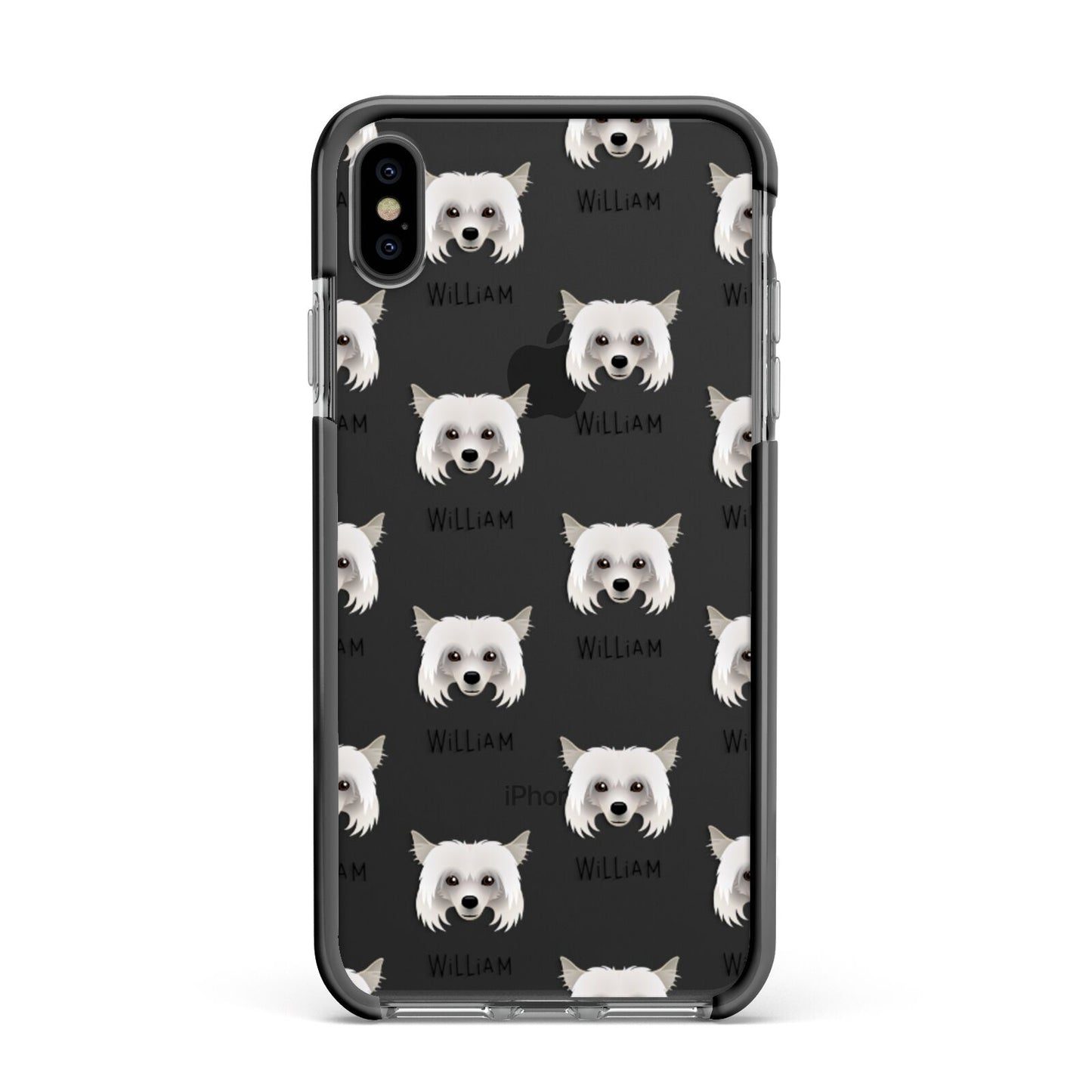 Powderpuff Chinese Crested Icon with Name Apple iPhone Xs Max Impact Case Black Edge on Black Phone