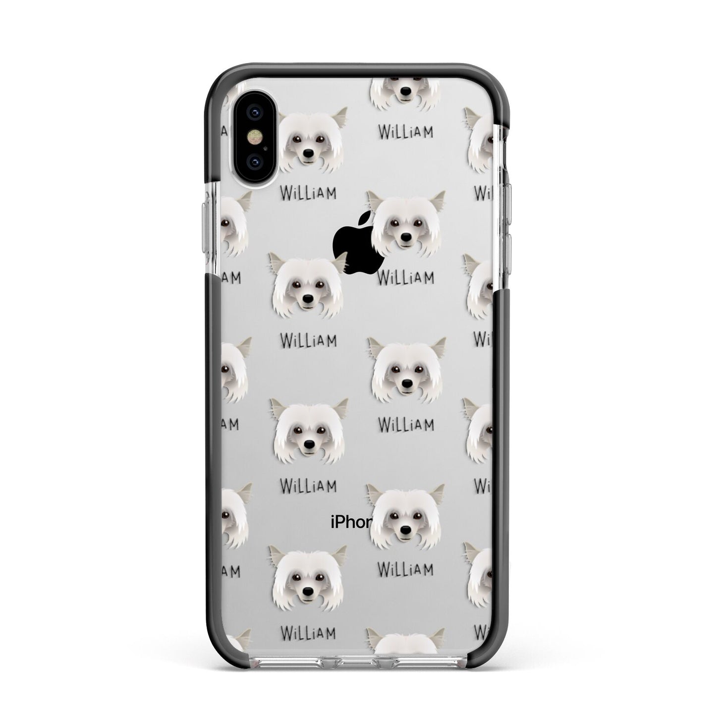Powderpuff Chinese Crested Icon with Name Apple iPhone Xs Max Impact Case Black Edge on Silver Phone