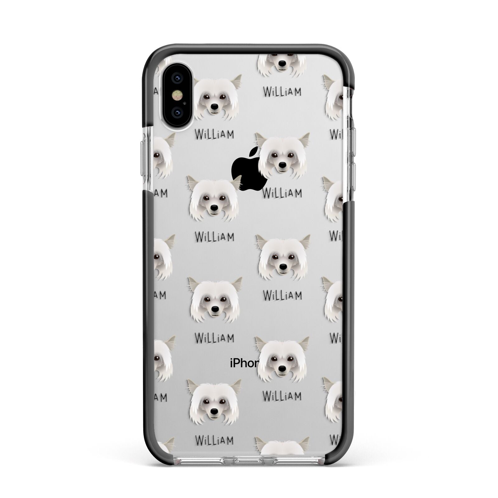 Powderpuff Chinese Crested Icon with Name Apple iPhone Xs Max Impact Case Black Edge on Silver Phone