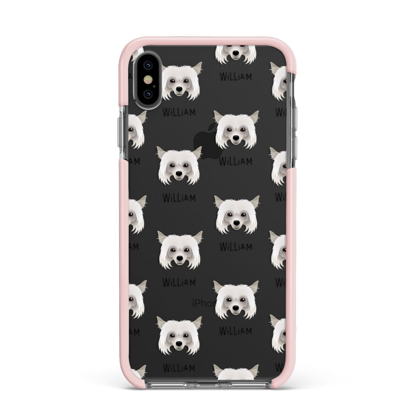 Powderpuff Chinese Crested Icon with Name Apple iPhone Xs Max Impact Case Pink Edge on Black Phone