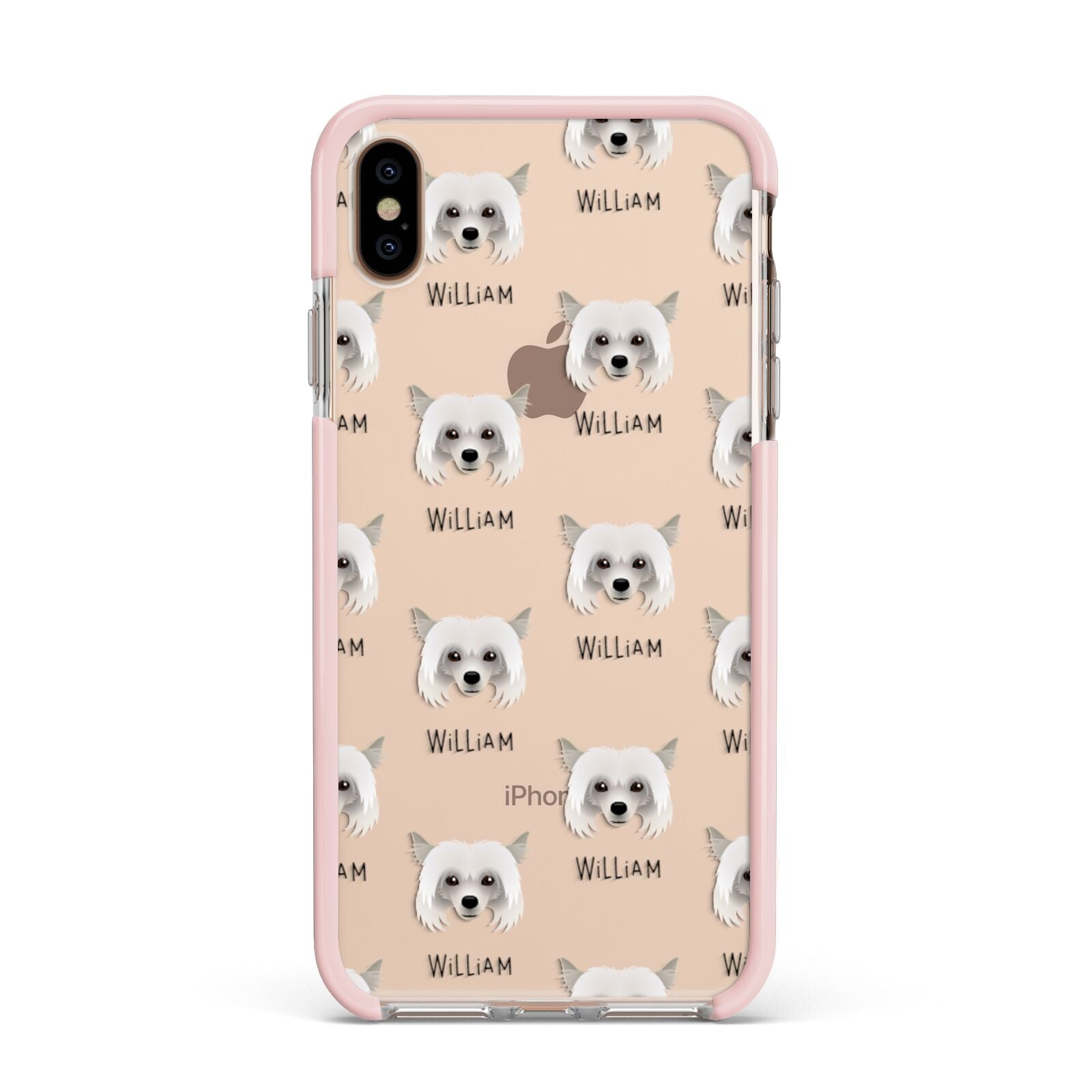 Powderpuff Chinese Crested Icon with Name Apple iPhone Xs Max Impact Case Pink Edge on Gold Phone