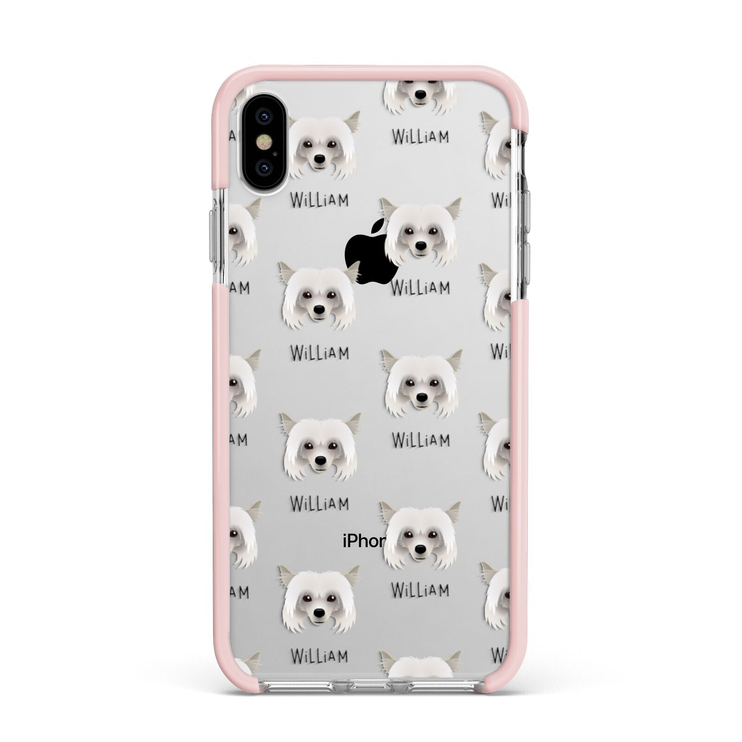 Powderpuff Chinese Crested Icon with Name Apple iPhone Xs Max Impact Case Pink Edge on Silver Phone