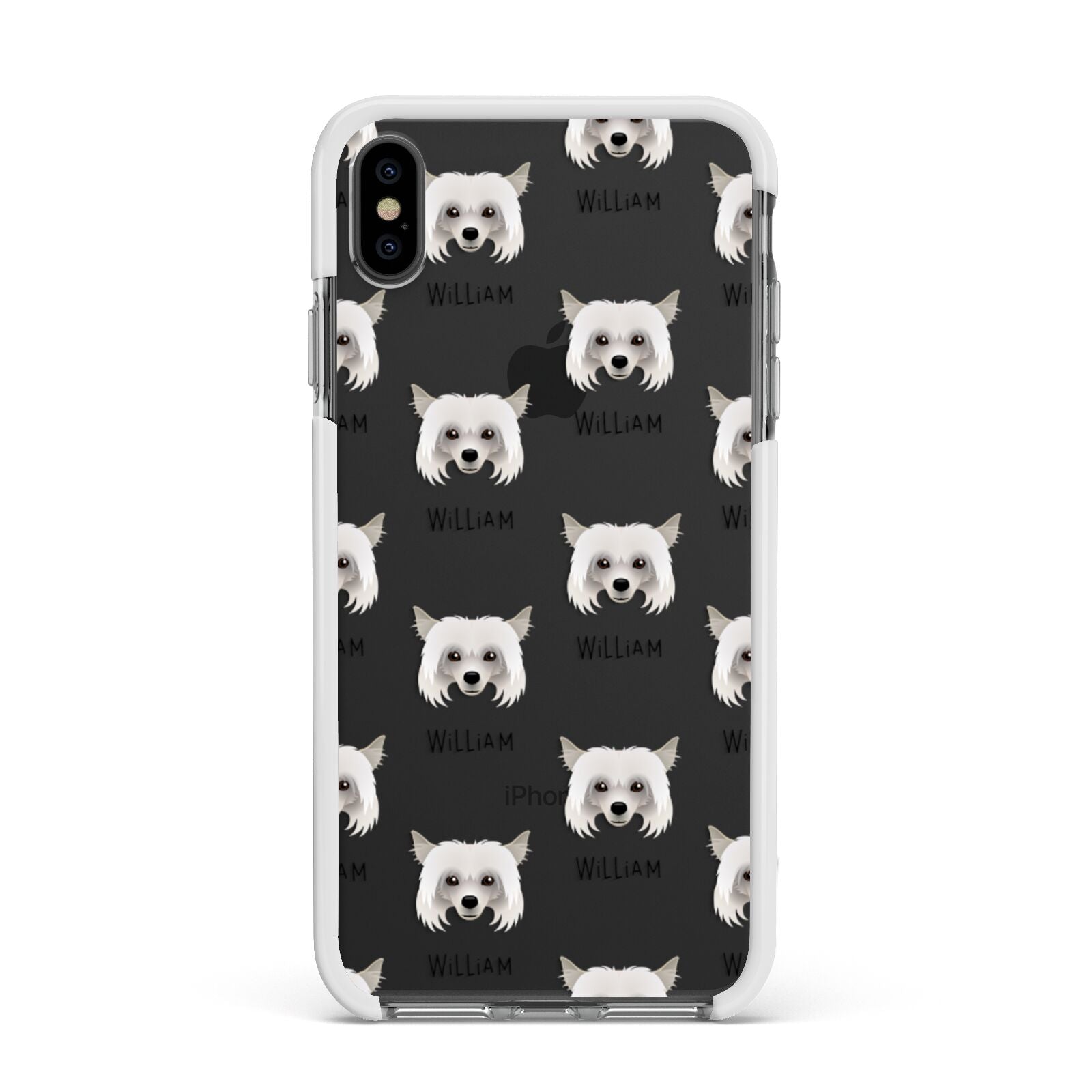 Powderpuff Chinese Crested Icon with Name Apple iPhone Xs Max Impact Case White Edge on Black Phone