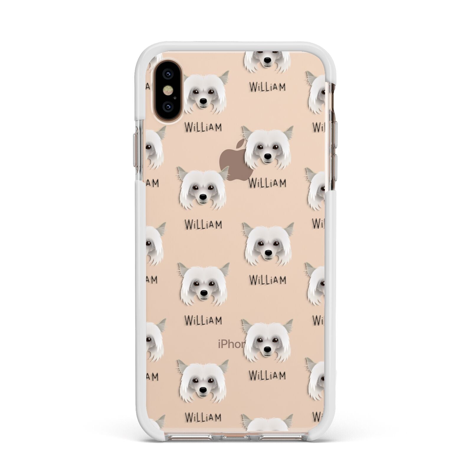 Powderpuff Chinese Crested Icon with Name Apple iPhone Xs Max Impact Case White Edge on Gold Phone
