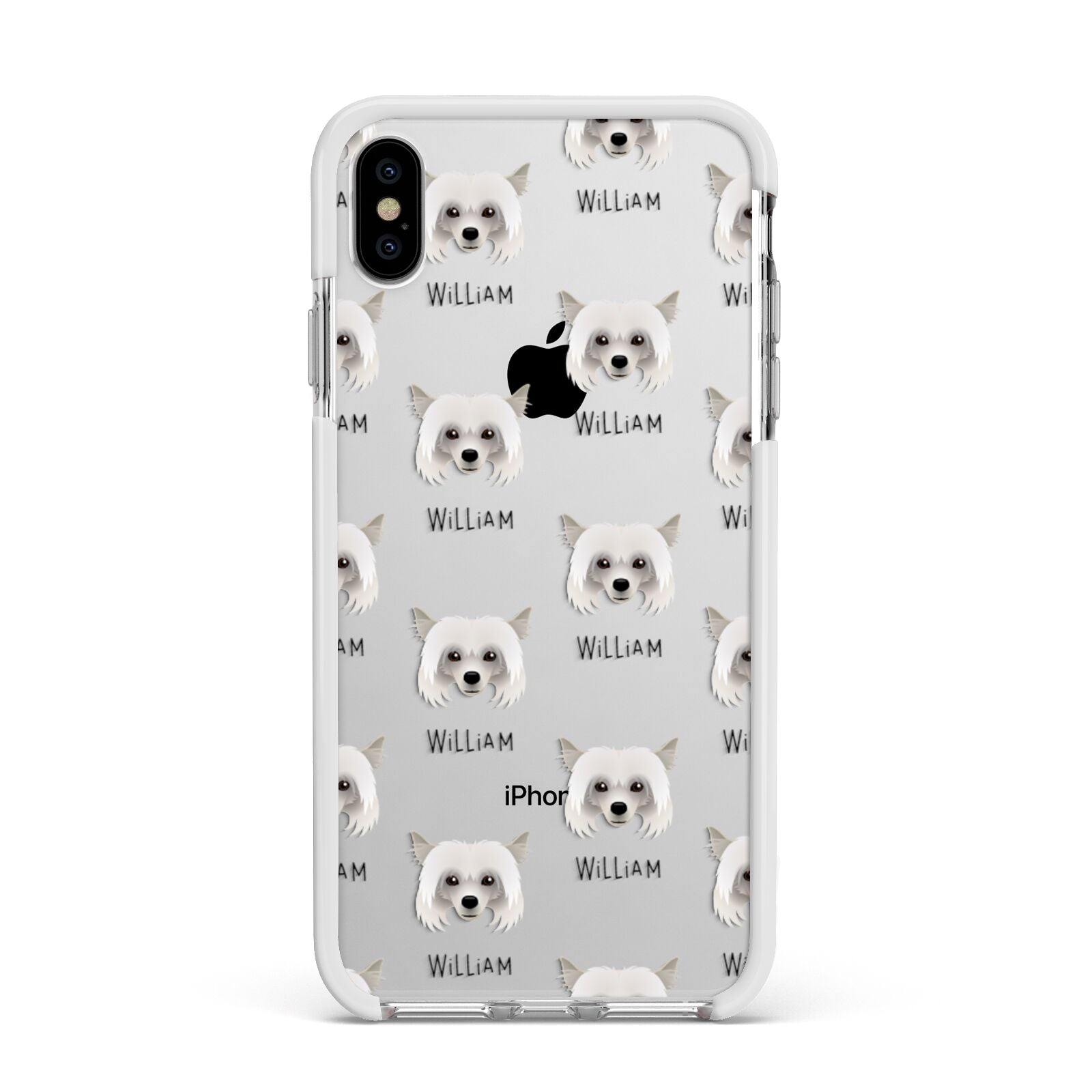 Powderpuff Chinese Crested Icon with Name Apple iPhone Xs Max Impact Case White Edge on Silver Phone