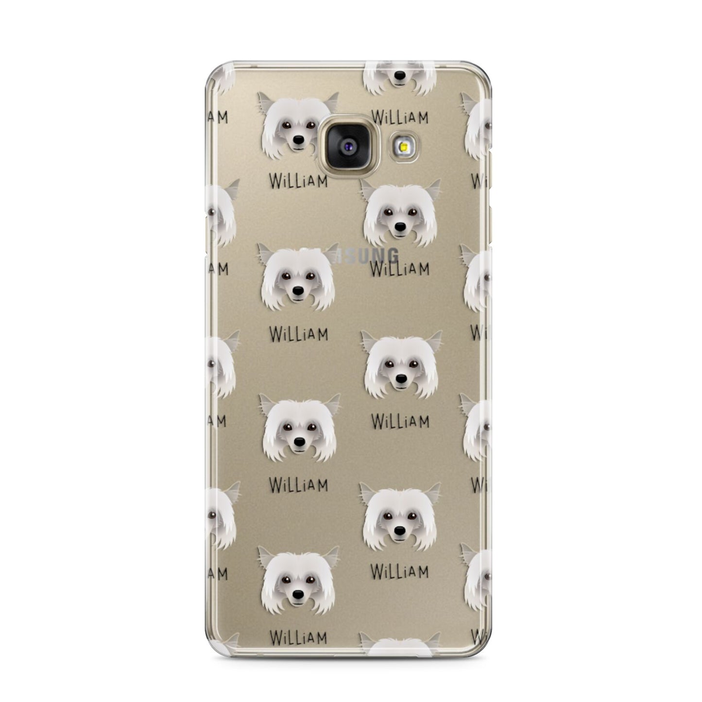 Powderpuff Chinese Crested Icon with Name Samsung Galaxy A3 2016 Case on gold phone