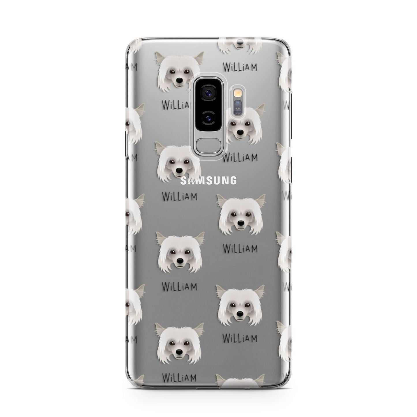 Powderpuff Chinese Crested Icon with Name Samsung Galaxy S9 Plus Case on Silver phone