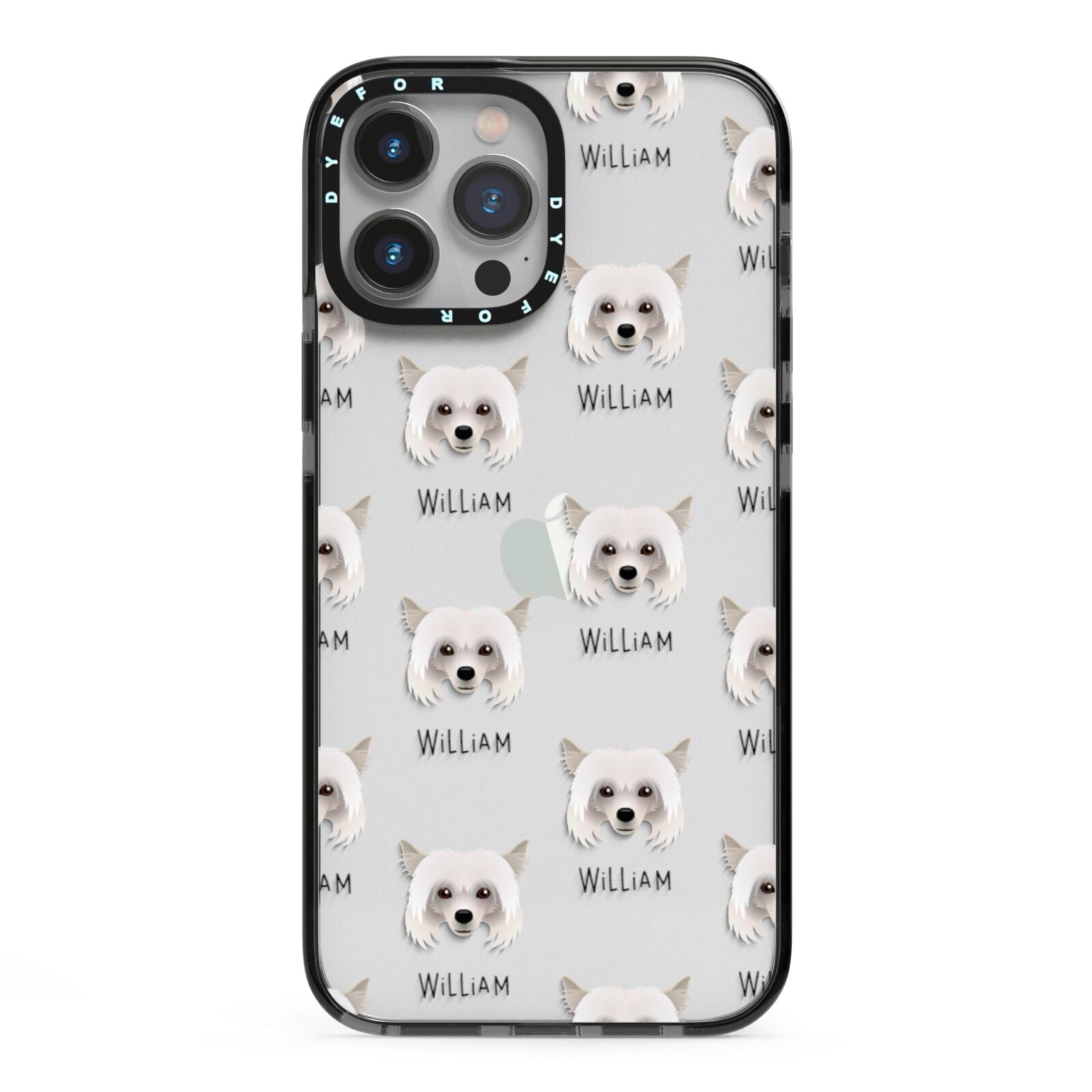 Powderpuff Chinese Crested Icon with Name iPhone 13 Pro Max Black Impact Case on Silver phone