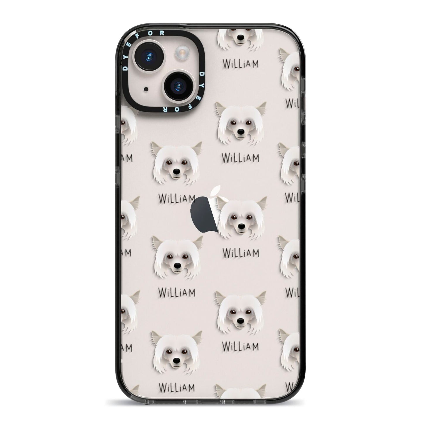 Powderpuff Chinese Crested Icon with Name iPhone 14 Plus Black Impact Case on Silver phone