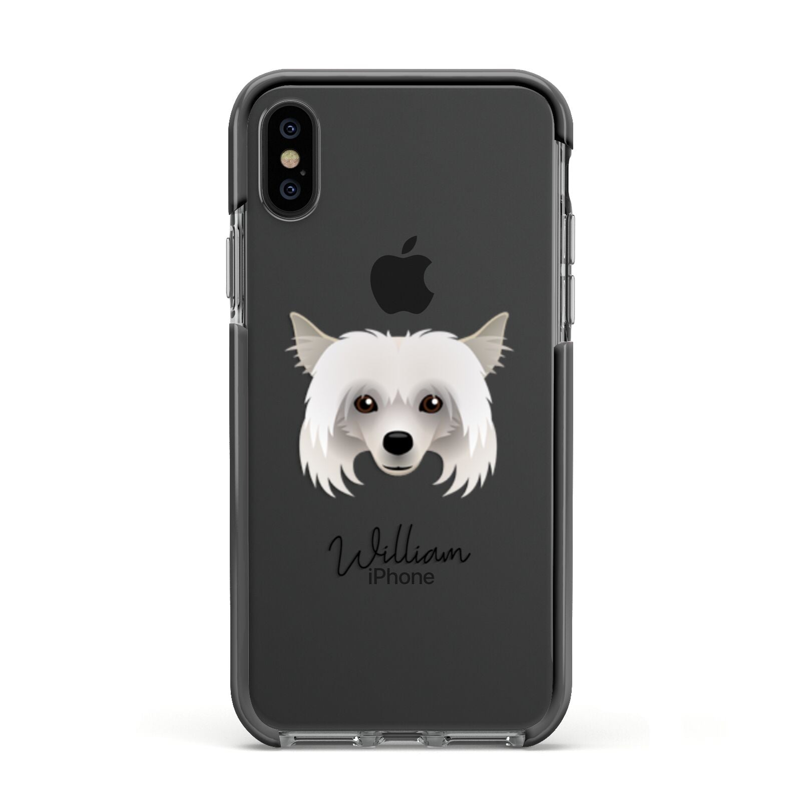 Powderpuff Chinese Crested Personalised Apple iPhone Xs Impact Case Black Edge on Black Phone