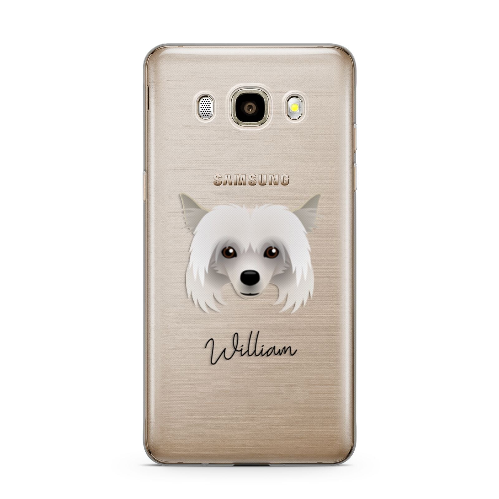 Powderpuff Chinese Crested Personalised Samsung Galaxy J7 2016 Case on gold phone